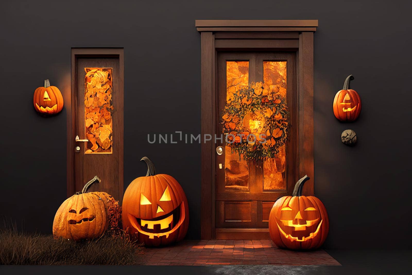 3d rendering. halloween decorated front door with various size and shape pumpkins