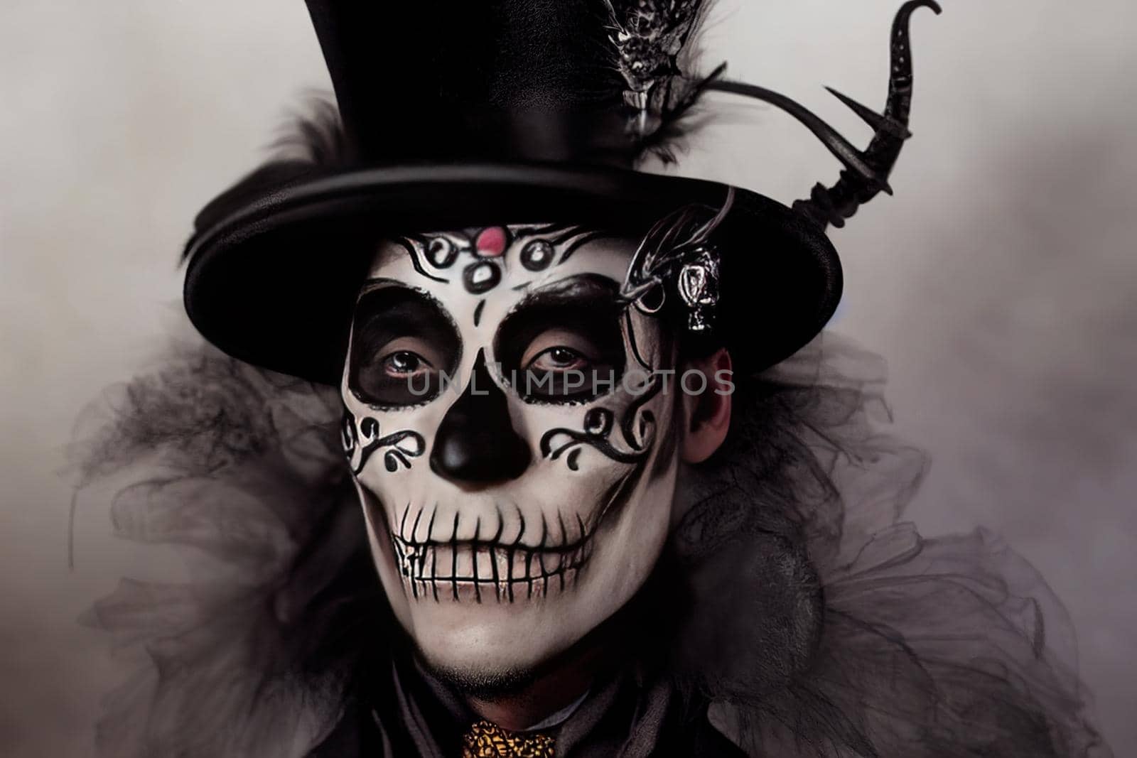 Close-up portrait of a man with a skull makeup dressed in a tail-coat and a top-hat, Baron Saturday, Baron Samedi, Dia de los muertos, Day of The Dead, Halloween