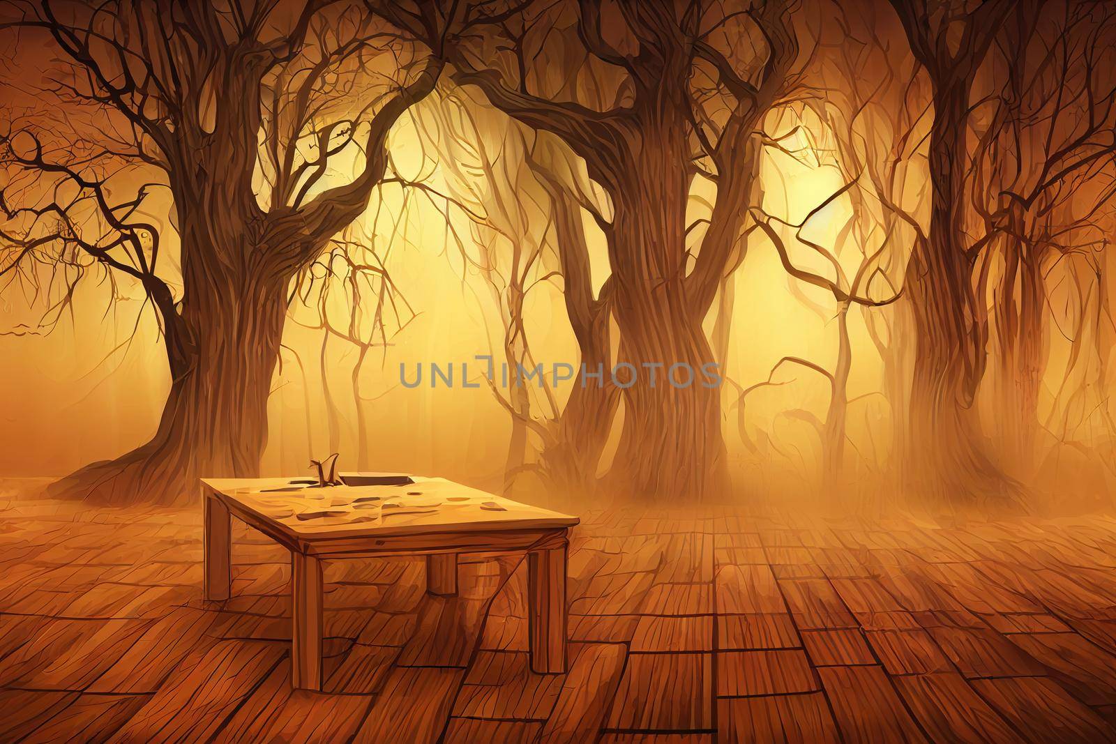 Empty wooden table - Halloween background ,toon style, anime style, cartoon style v2