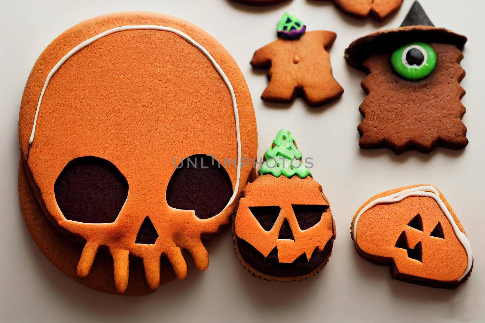 Cartoon Halloween gingerbread cookies, witch fingers and holiday sweets, Halloween trick or treat party dessert food, pumpkin biscuits in shape of skull, skeleton, bone, monster eyeball, zombie