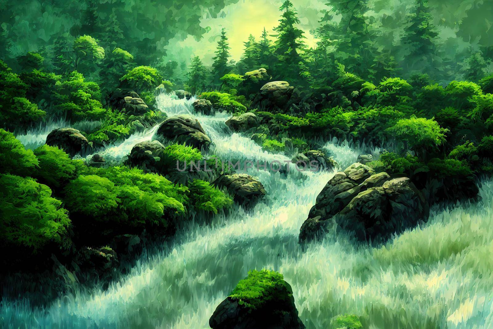 Mountain river water flowing through rocks in green forest anime style v3