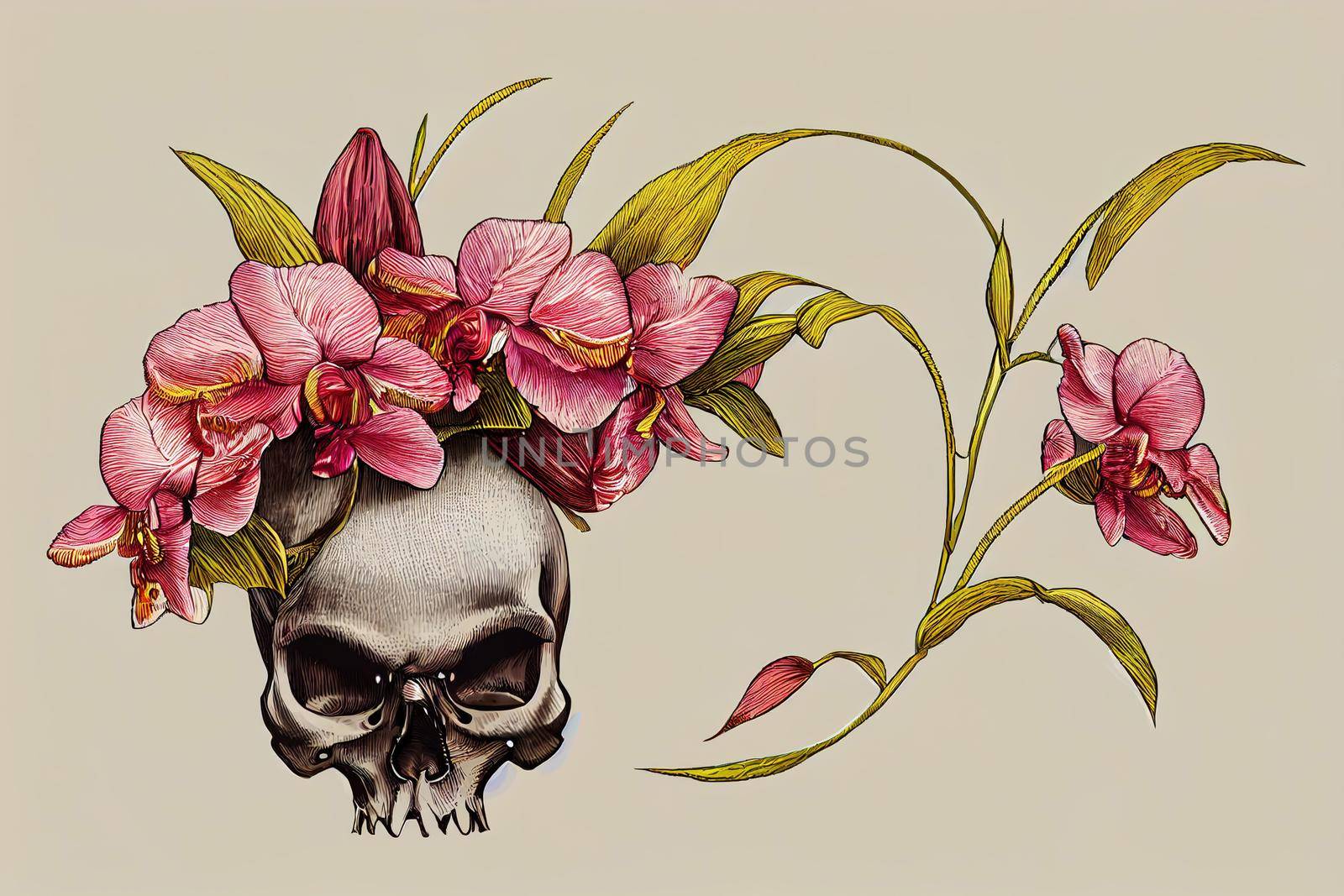 Embroidery human skull and pink orchid flowers, Halloween seamless pattern, Medieval style, Tropical background, Fashion clothes template and t-shirt design, Dark gothic art , Hand drawn v3