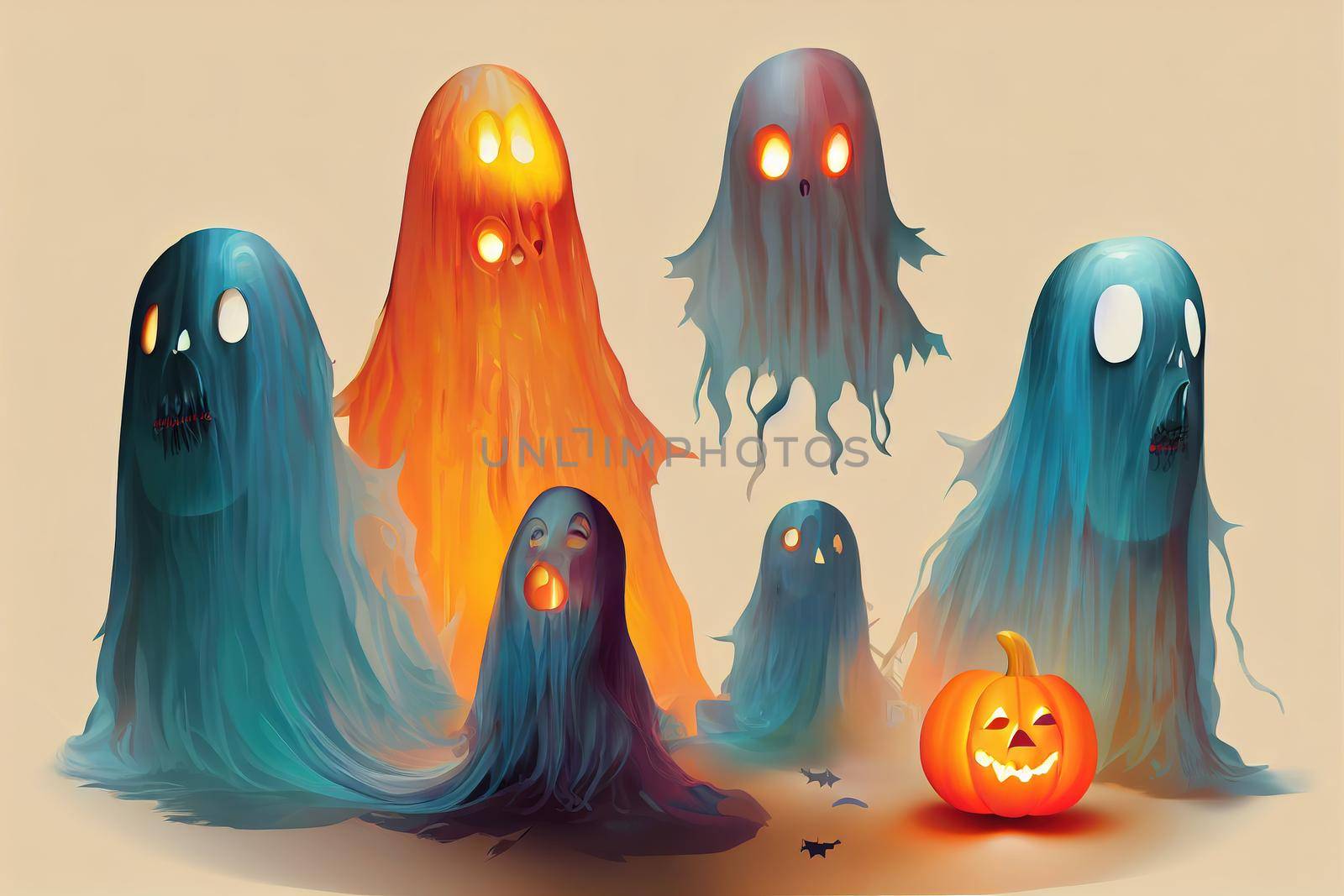 Ghost for Halloween, Set of multi-colored Ghosts with scary and evil emotions on their faces, Creative concept idea, Realistic 3d design, Traditional elements of decor for holiday v3