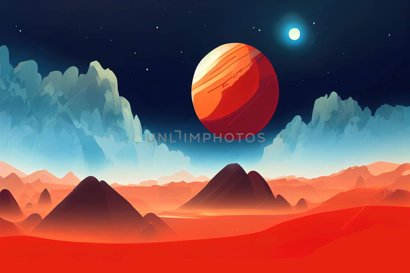 Mars surface, alien planet landscape, Space game background with orange ground, mountains, stars, Saturn and Earth in sky v1