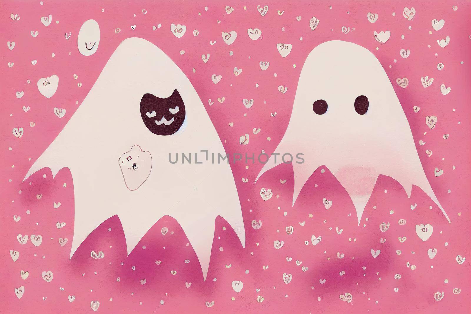 Funny Hand Drawn Illustration with Cute White Ghost Isolated on a Pink Background, Lovely Nursery Art for Pink Halloween Party, Simple Handwritten Happy Halloween Card, Pattern with Ghosts and Hearts