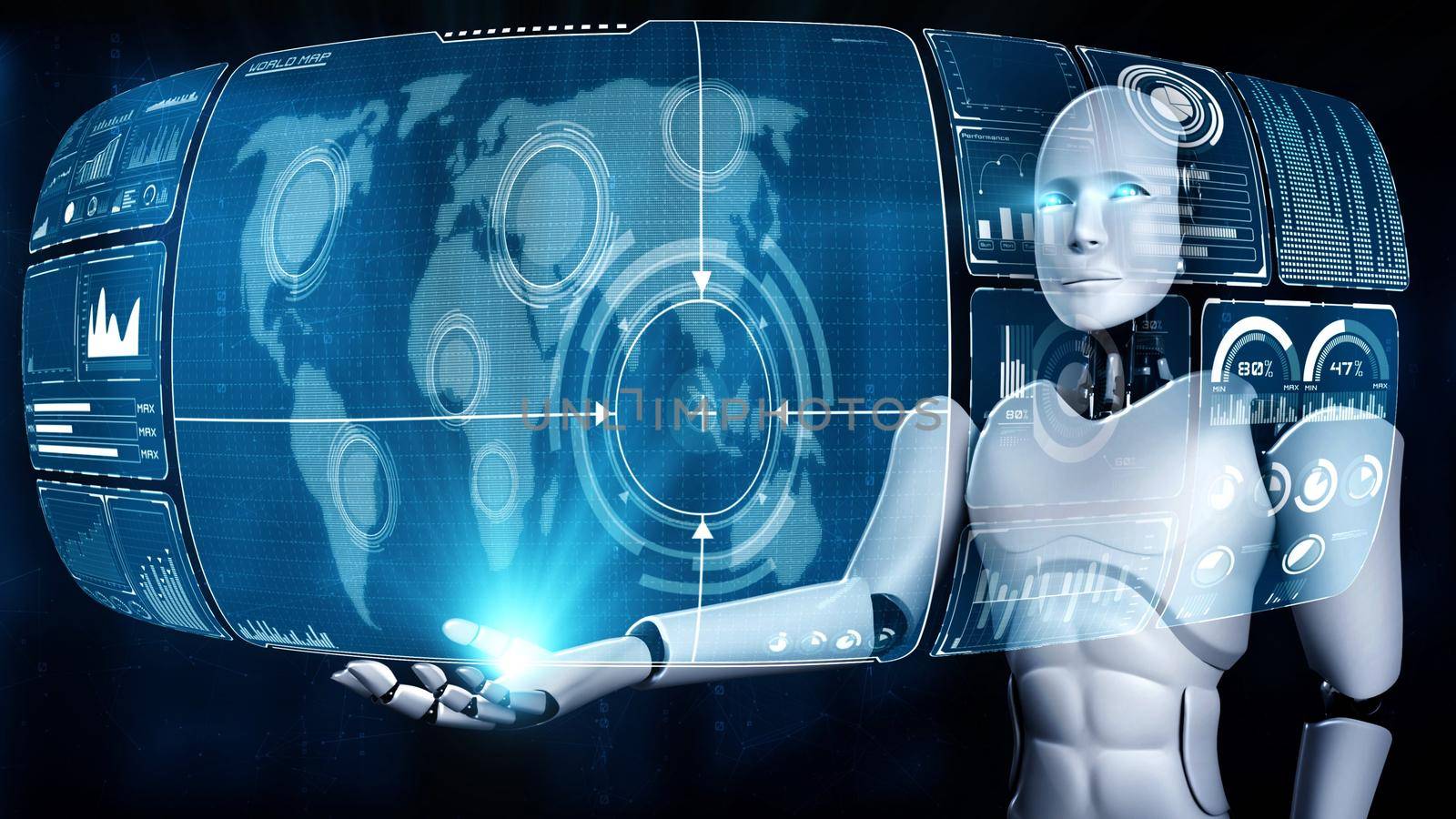 AI hominoid robot holding hologram screen shows concept of global communication by biancoblue