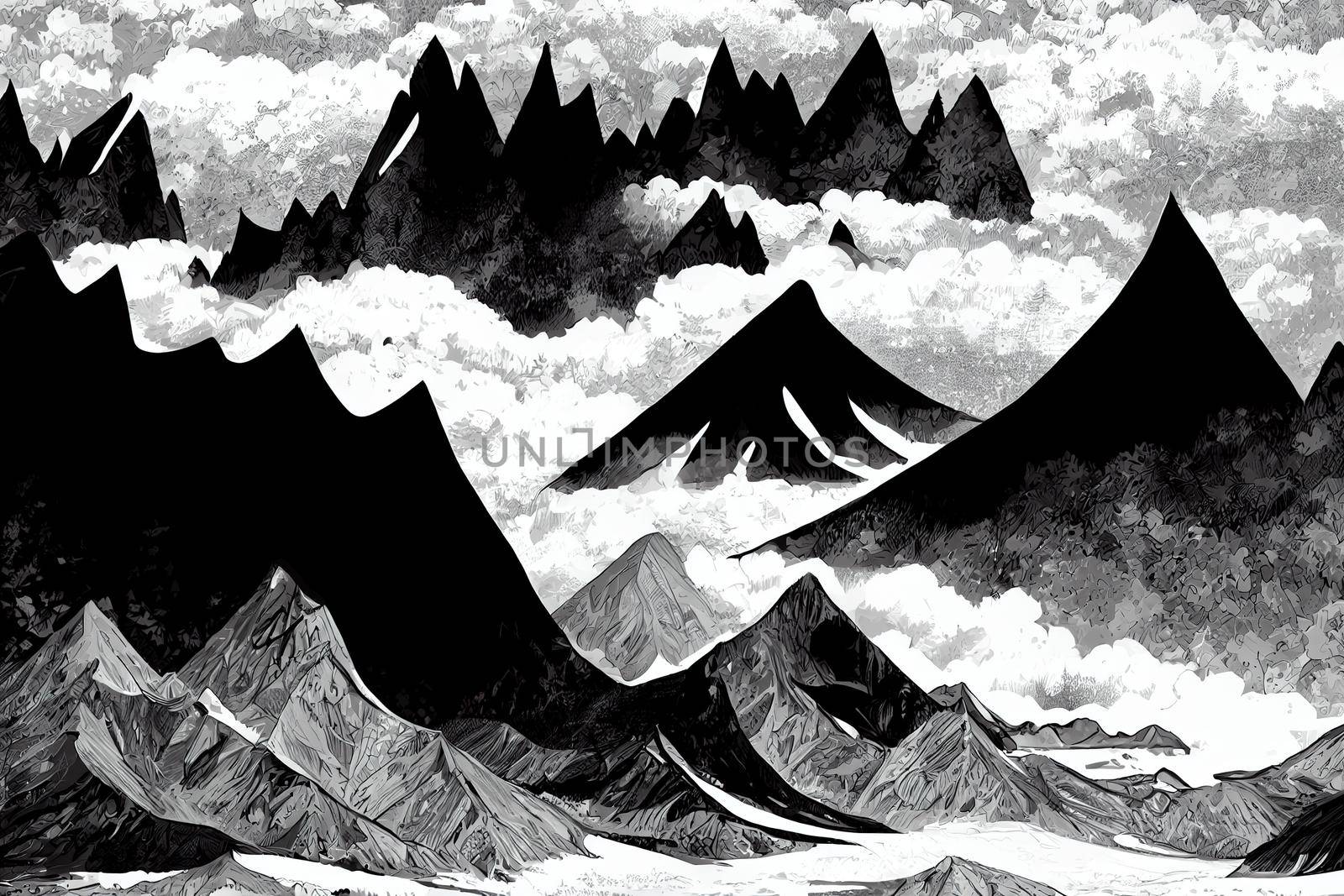 Mountains in black and white with forrest, manga style drawing v2
