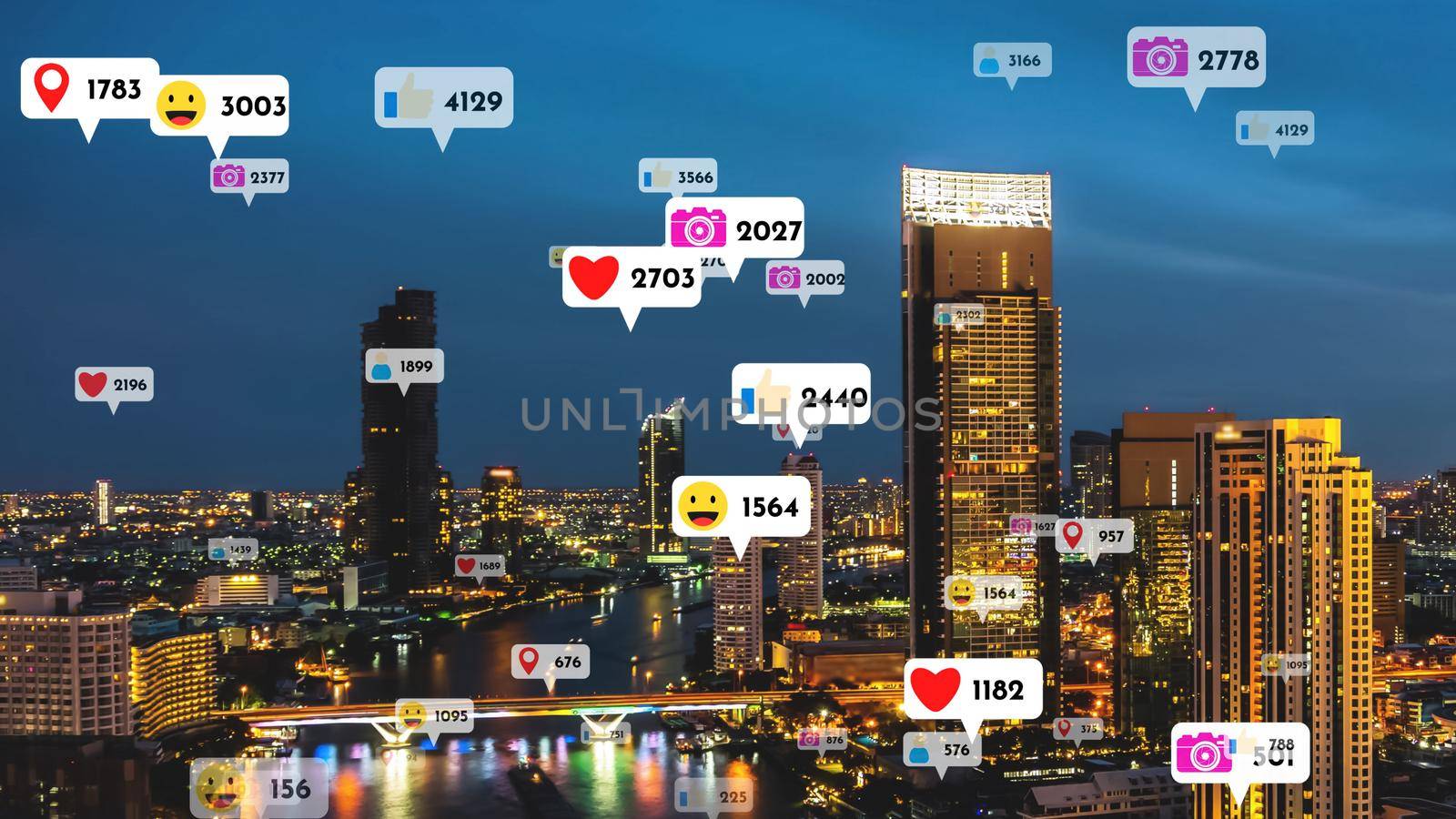 Social media icons fly over city downtown showing people reciprocity connection by biancoblue