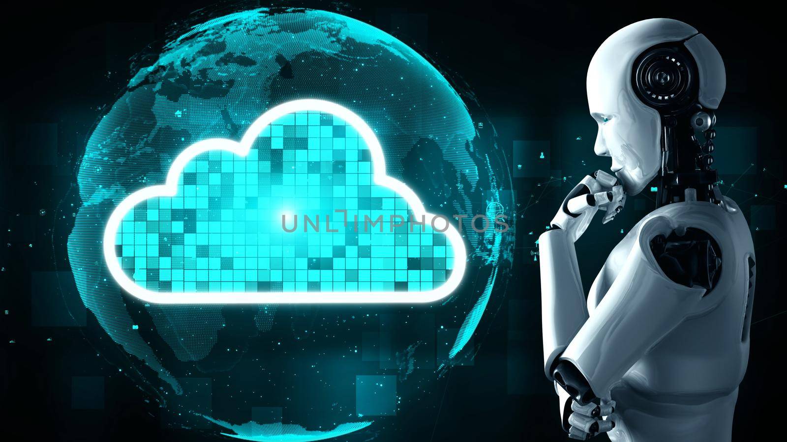 AI robot huminoid uses cloud computing technology to store data on online server by biancoblue