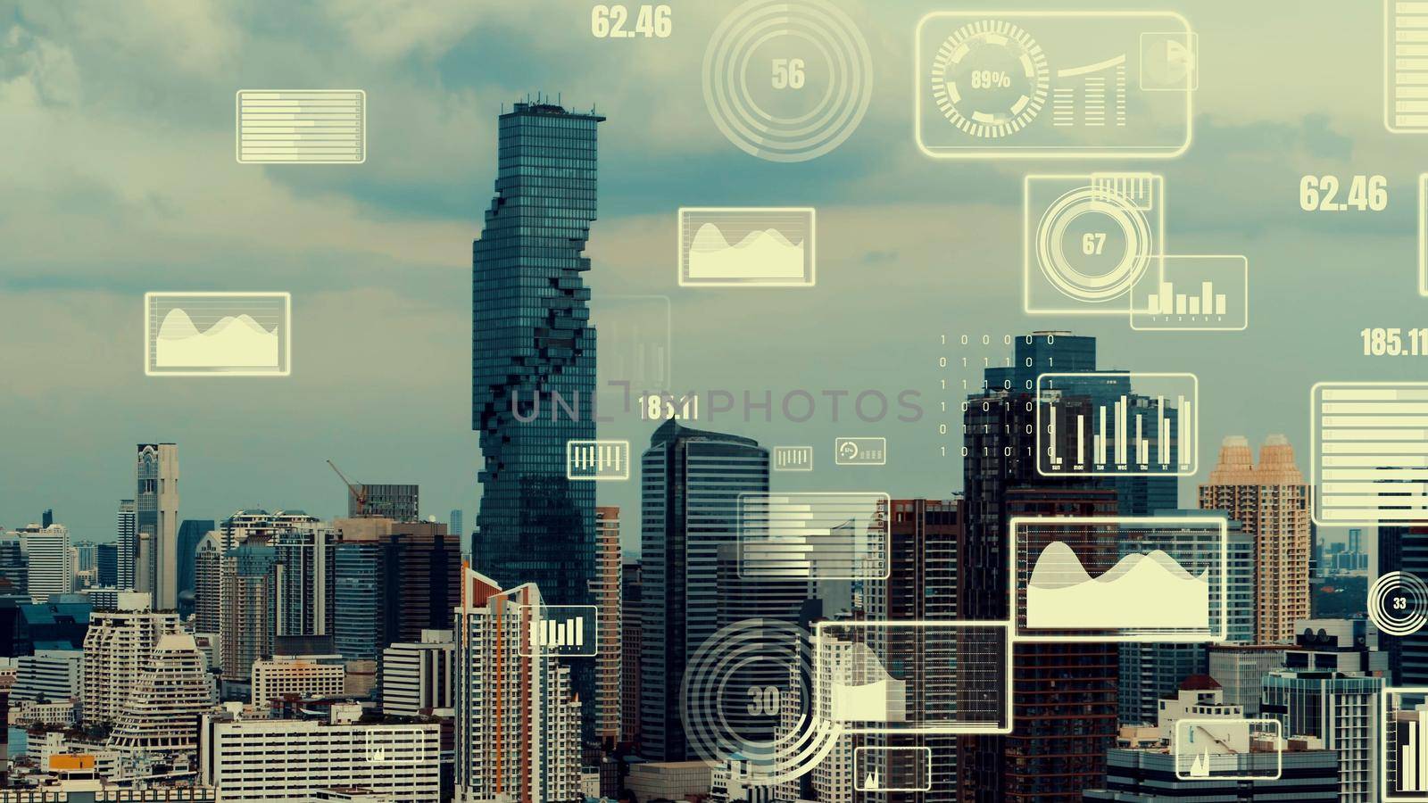 Business data analytic interface fly over smart city showing alteration future of business intelligence. Computer software and artificial intelligence are used to analyze big data for strategic plan .