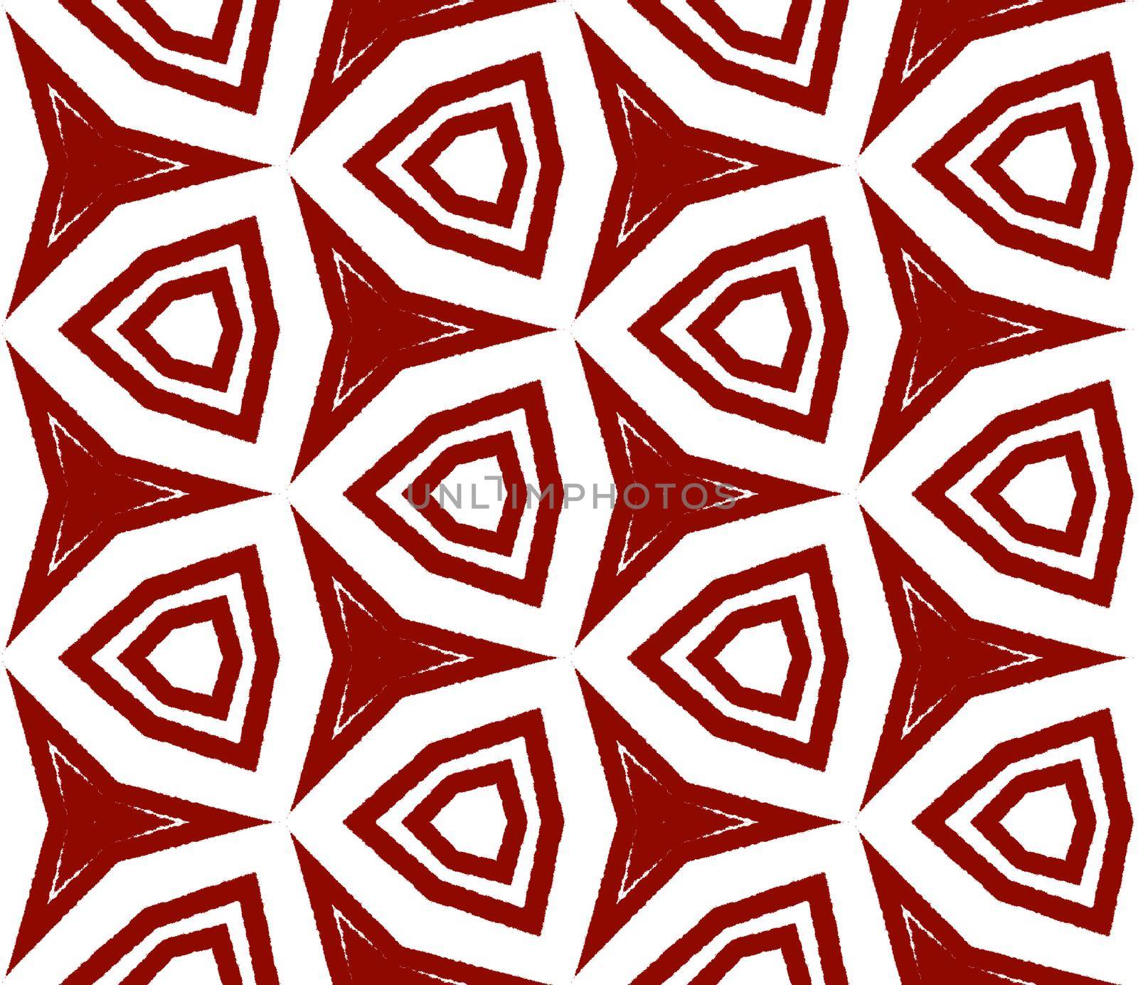 Tiled watercolor pattern. Maroon symmetrical kaleidoscope background. Hand painted tiled watercolor seamless. Textile ready majestic print, swimwear fabric, wallpaper, wrapping.