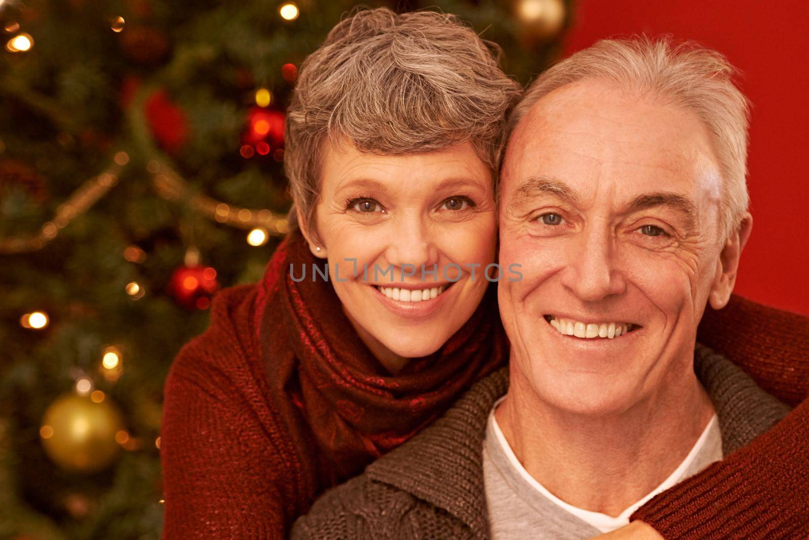 A time for appreciating loved ones. A cropped portrait of a happy senior couple in front of a Christmas tree. by YuriArcurs