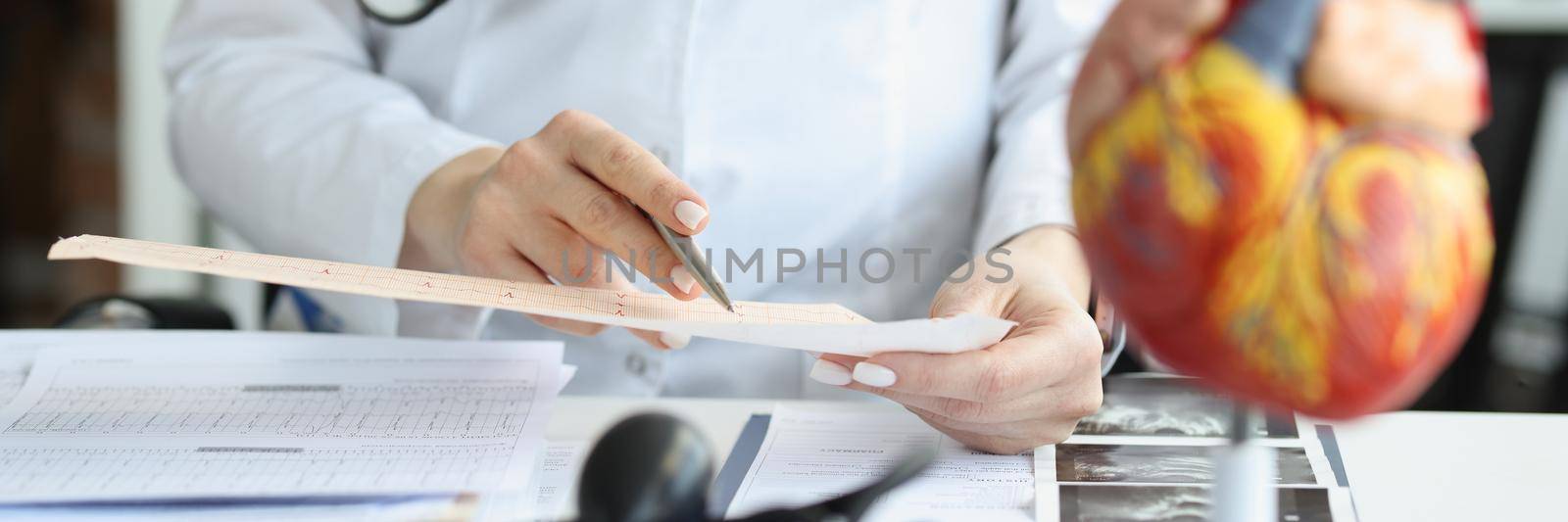 Doctor cardiologist examining cardiogram against background of artificial heart model closeup. Diagnosis of myocardial infarction and angina pectoris concept