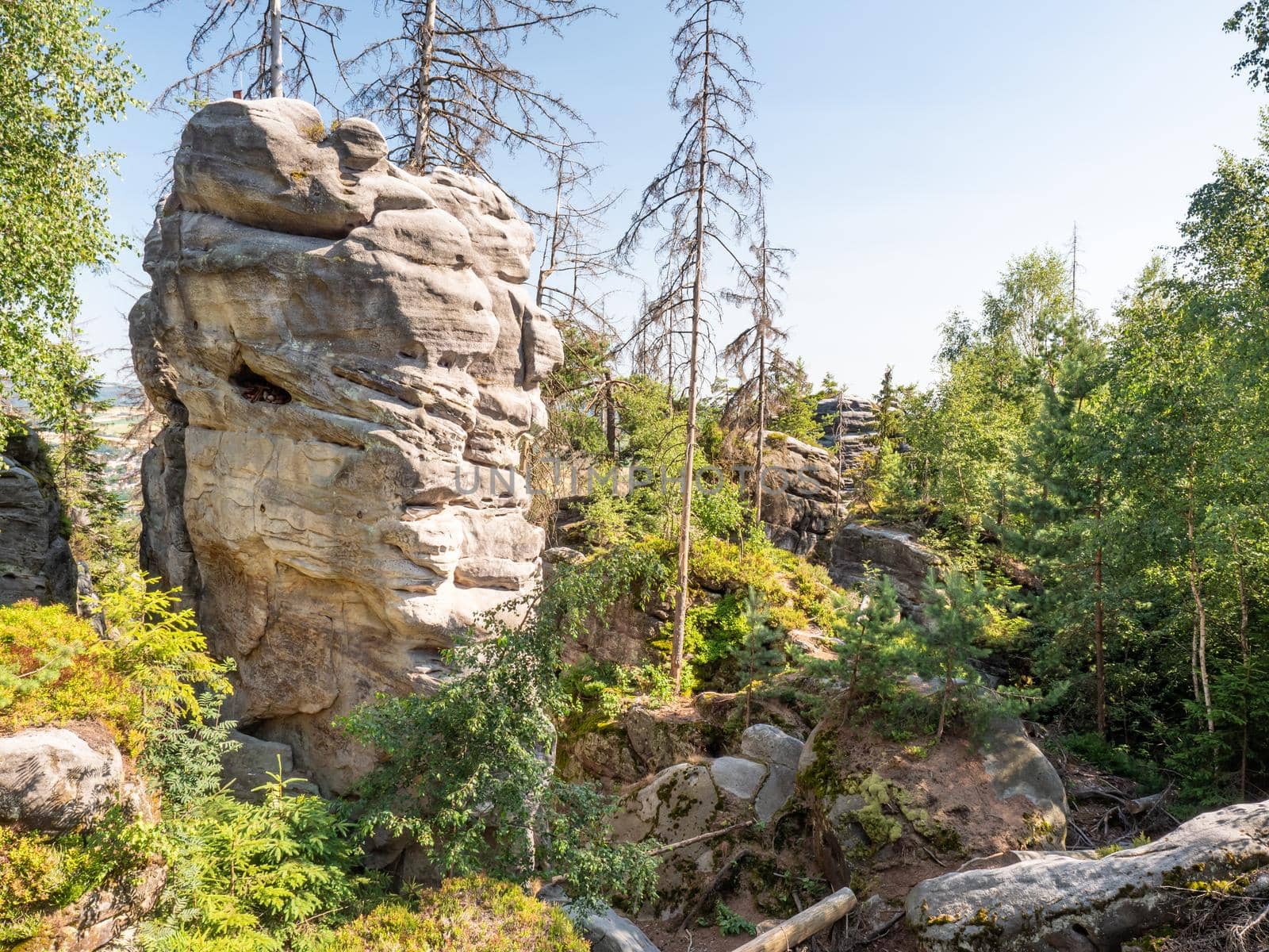 Ostas sandstone rock formations near The Ostas table mountain. The national nature reserve Adrspach-Teplice Rocks, Czech republic, Europe.