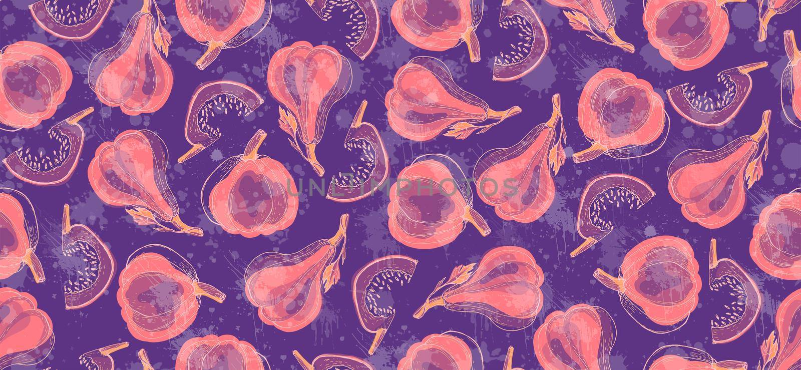 Pumpkin seamless pattern in bright pink and violet colors. Pumpkin background for Harvest festival by fireFLYart