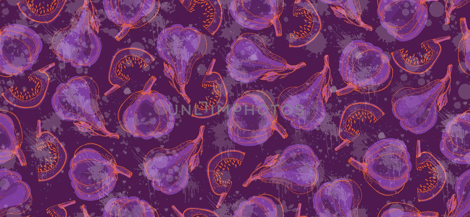 Pumpkin seamless pattern in bright red and violet colors. Pumpkin background for Harvest festival by fireFLYart