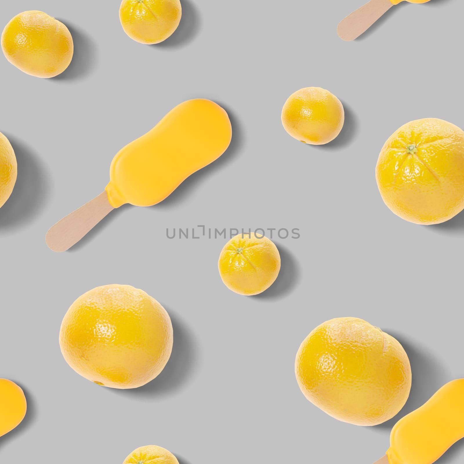 Seamless pattern with oranges and ice cream on gray background. Colorful summer background, texture. Top view. Eye-catching design. 3d rendering