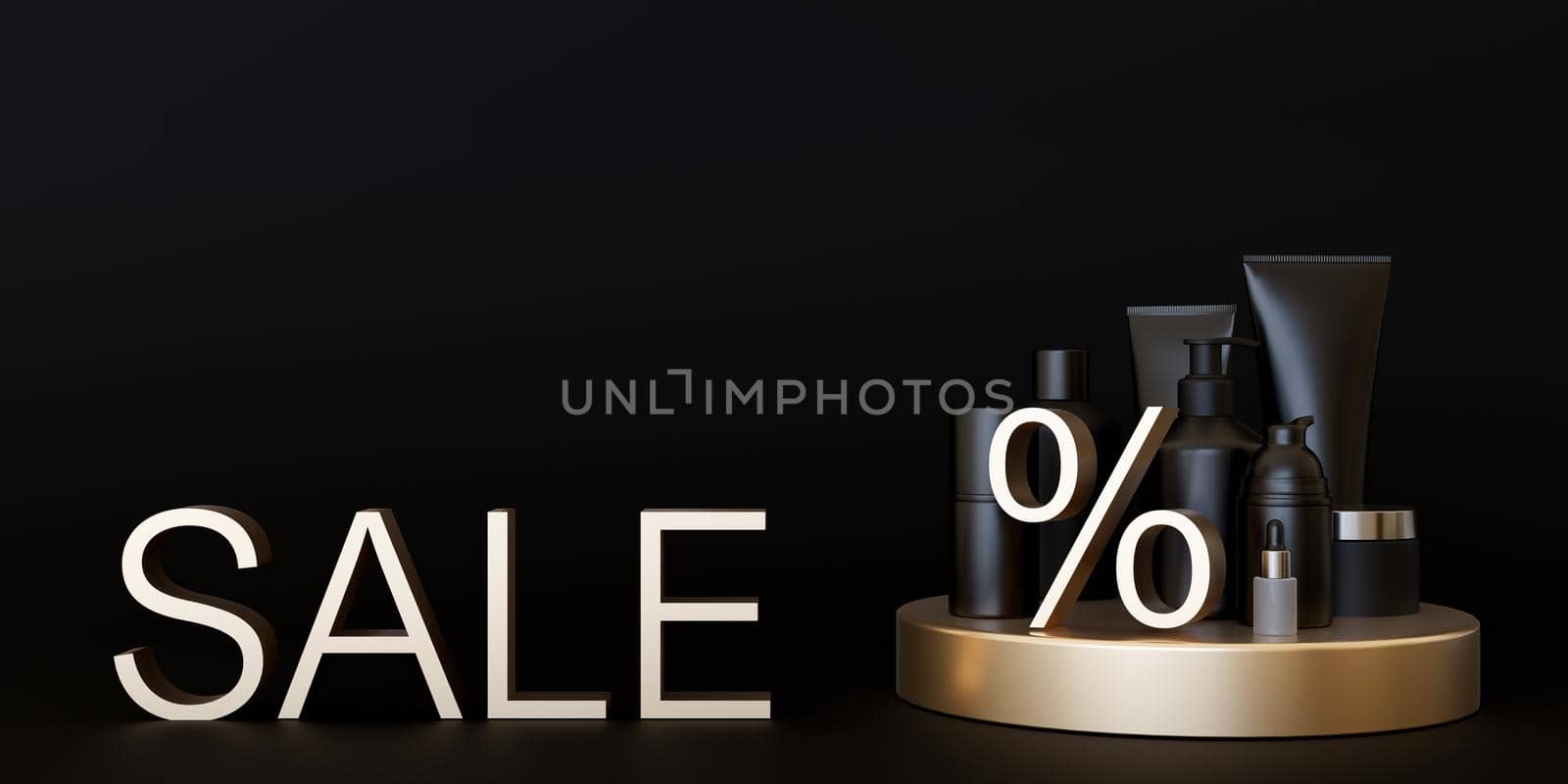 Cosmetic products with golden discount sign and text SALE on black background. Copy space. Special offer, good price, deal, shopping. Black friday. Beauty and make-up. 3d rendering