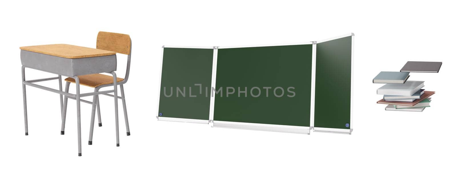 School desk with chair, green school board and some books isolated on white background. Cut out. 3D rendering