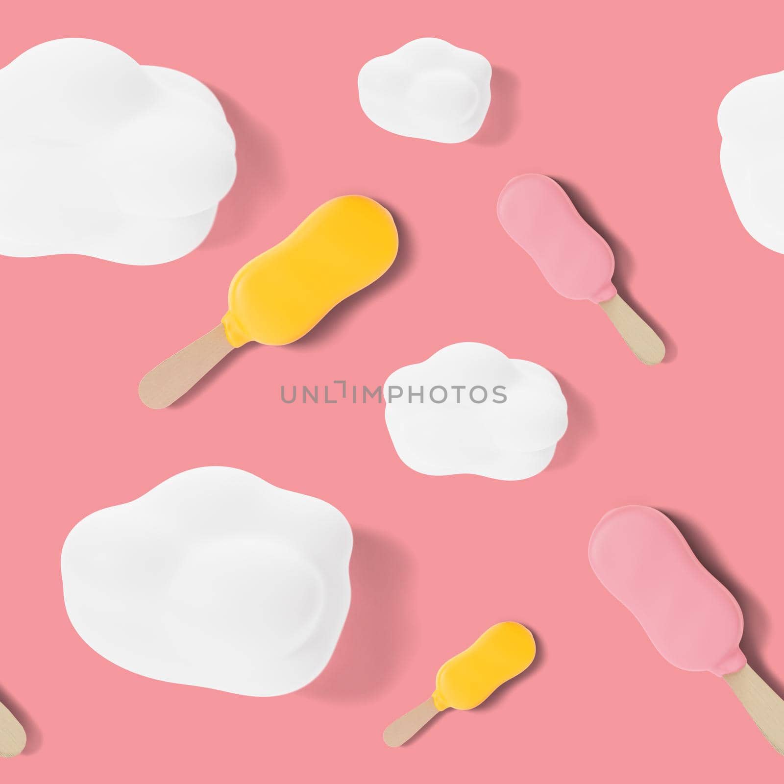 Seamless pattern with clouds and ice cream on pink background. Colorful summer background, texture. Top view. Eye-catching design. 3d rendering