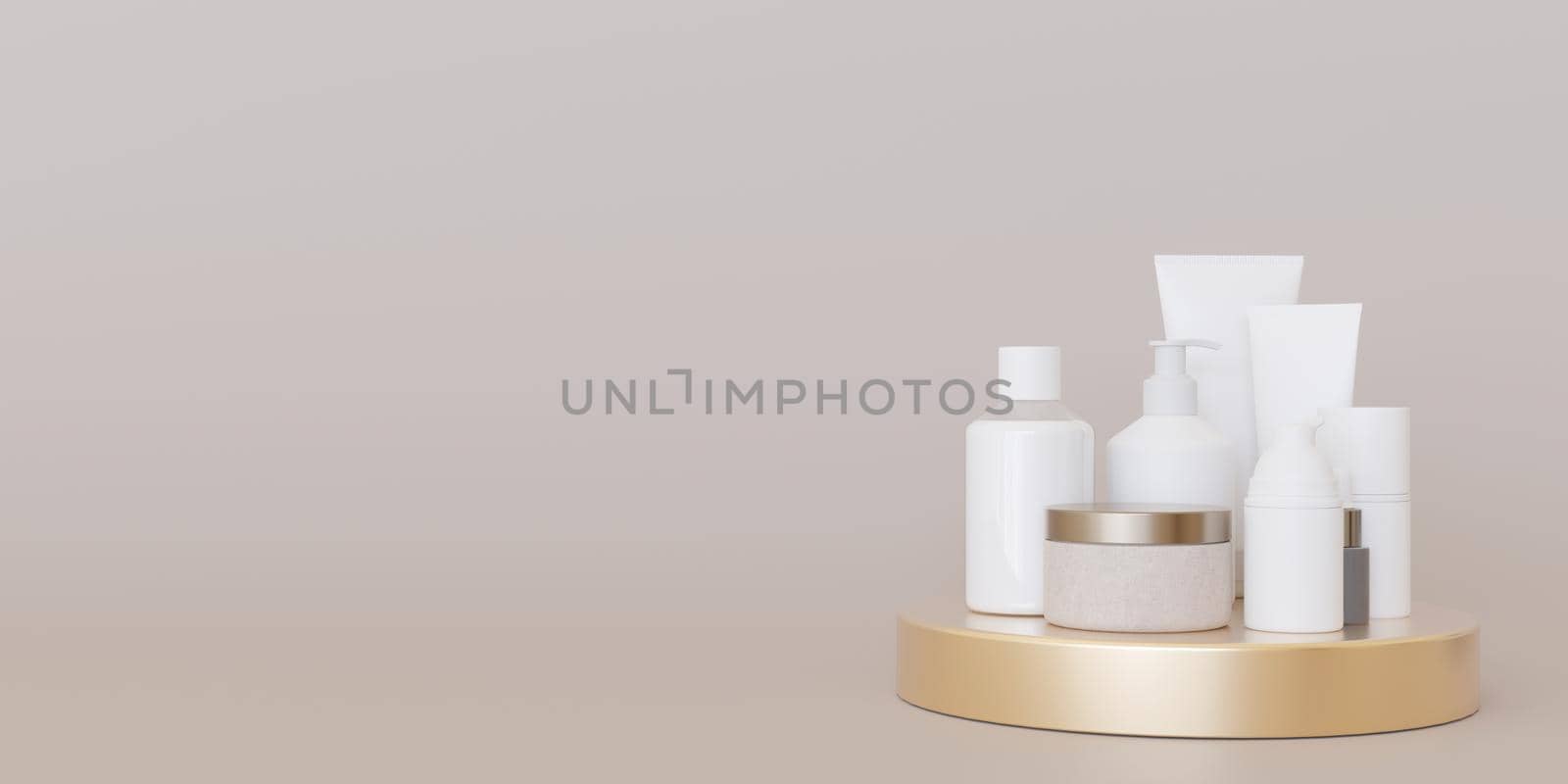 White cosmetic products standing on golden podium, on cream background. Free, copy space for your text. Special offer, good price, deal, shopping. Black friday. Beauty and make-up. 3d rendering