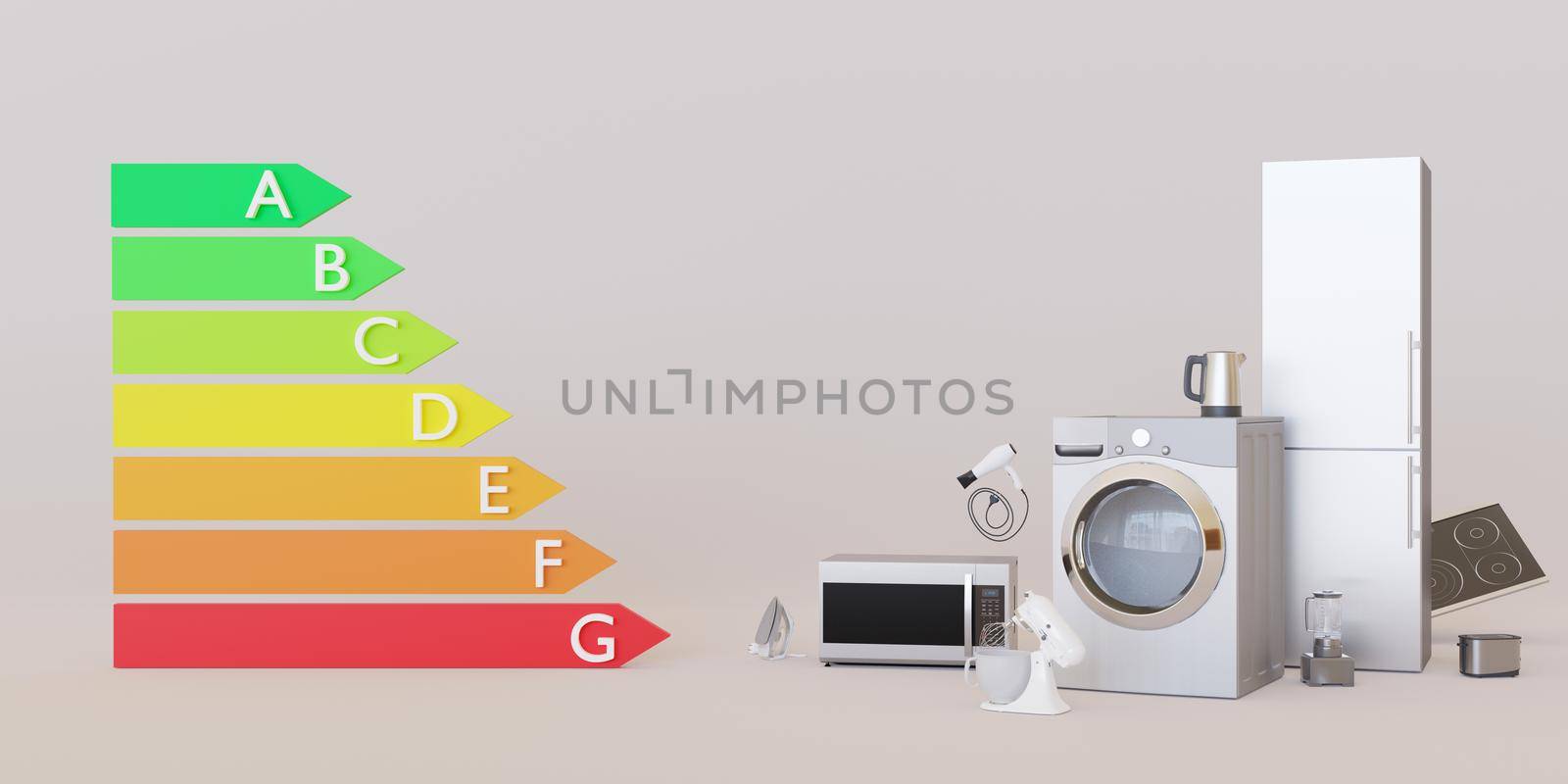 Different household appliances and energy efficiency rating chart on grey background. Electronic household devices. House equipment. Save energy. 3d rendering