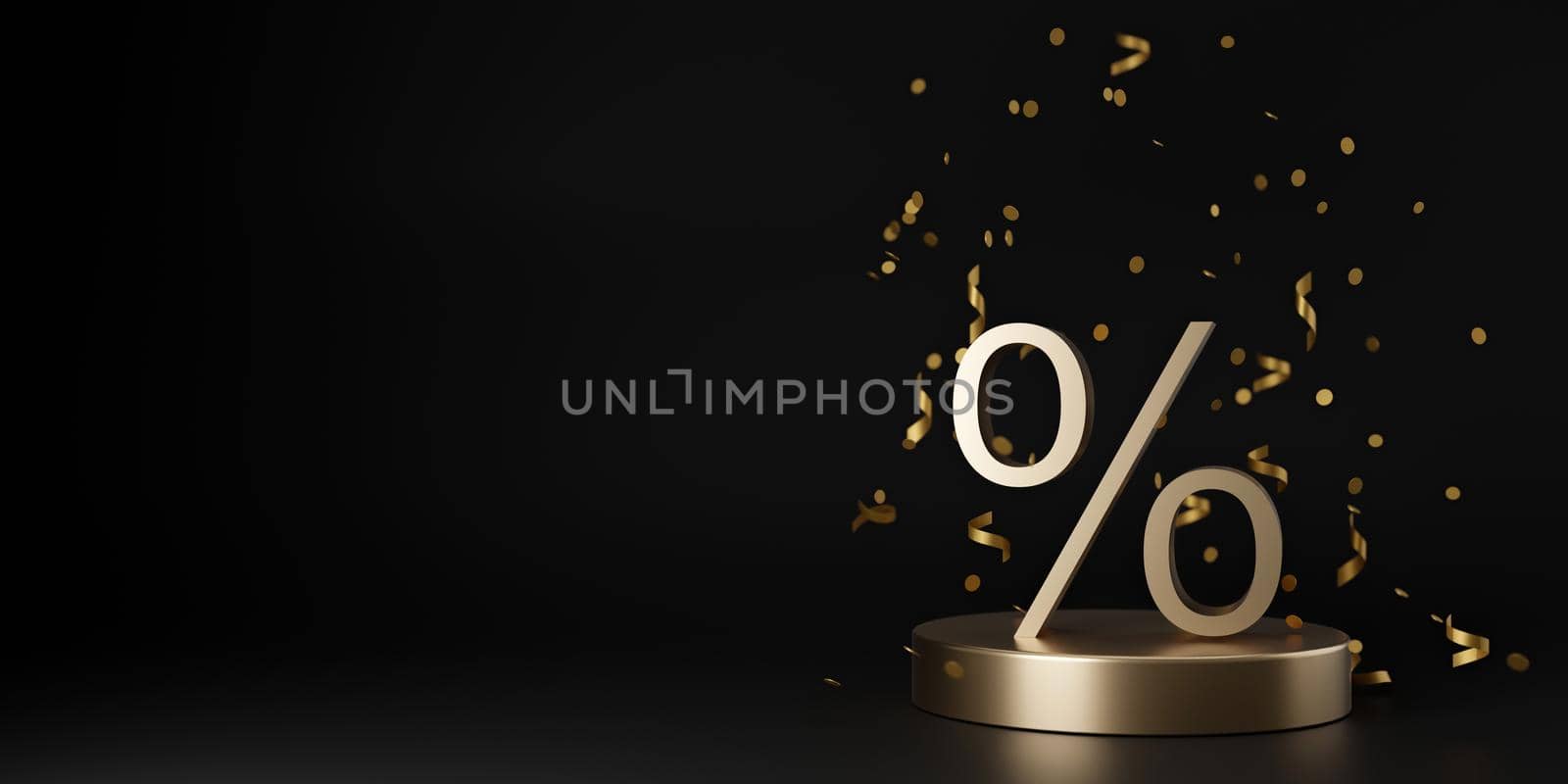 Golden discount sign and falling confetti on black background. Free, copy space for your text. Special offer, good price, deal, shopping. Black friday. 3d rendering
