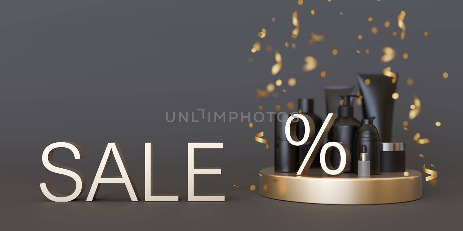 Cosmetic products with golden discount sign, text SALE and falling confetti on grey background. Copy space. Special offer, good price, deal, shopping. Black friday. Beauty and make-up. 3d rendering