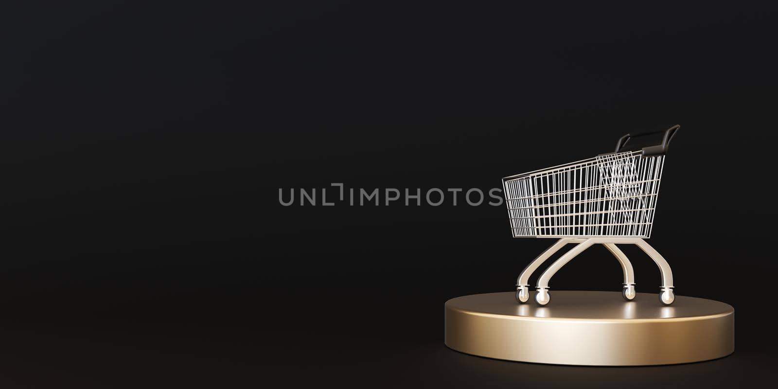 Shopping trolley on the black background with free space for text. Black friday concept. Sale, deal and discount. Closeup, copy space, template for your design. 3D rendering