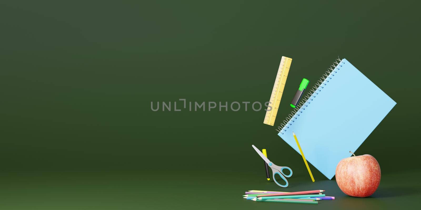 School stationery items on green background with free space for text. Creative, colourful background with school supplies. Banner with copy space. Ruler, pencil, scissors, apple. 3D rendering