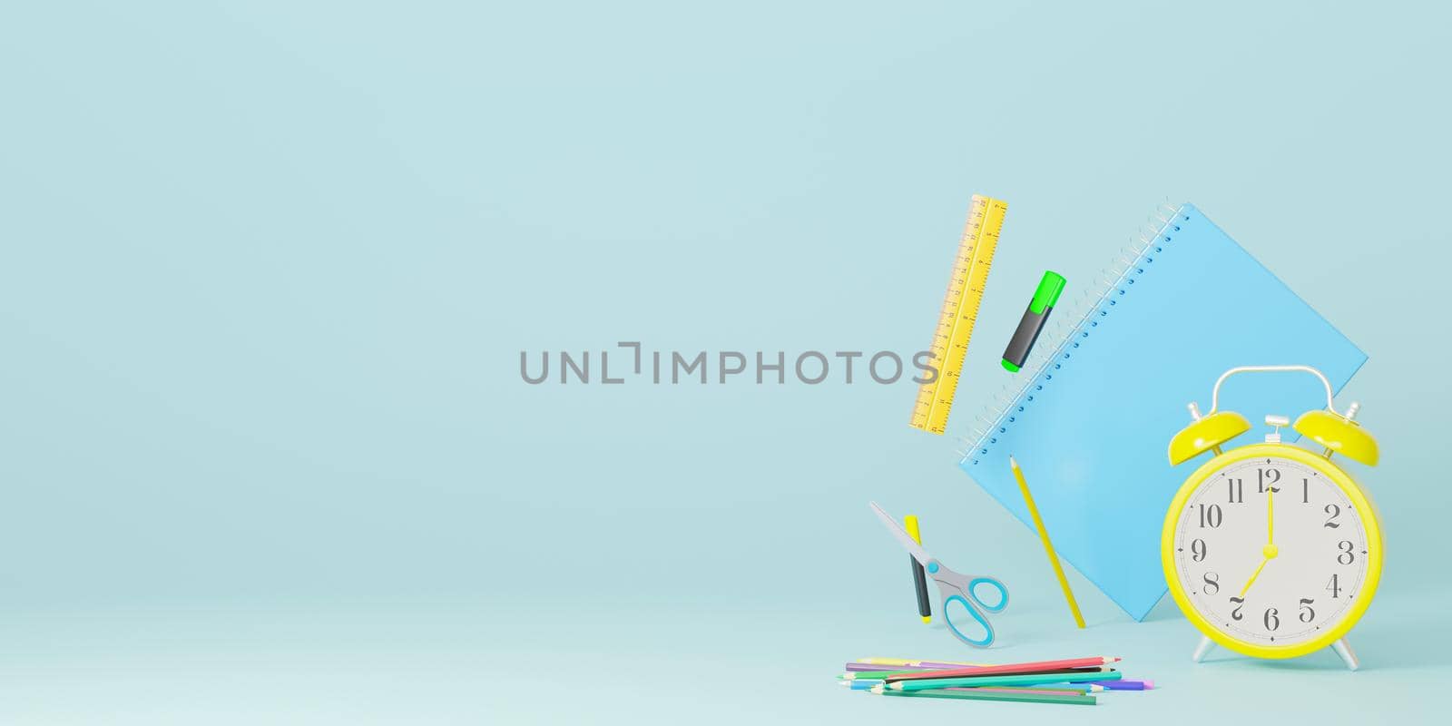 School stationery items on blue background with free space for text. Creative, colourful background with school supplies. Banner with copy space. Ruler, pencil, scissors, alarm clock. 3D rendering