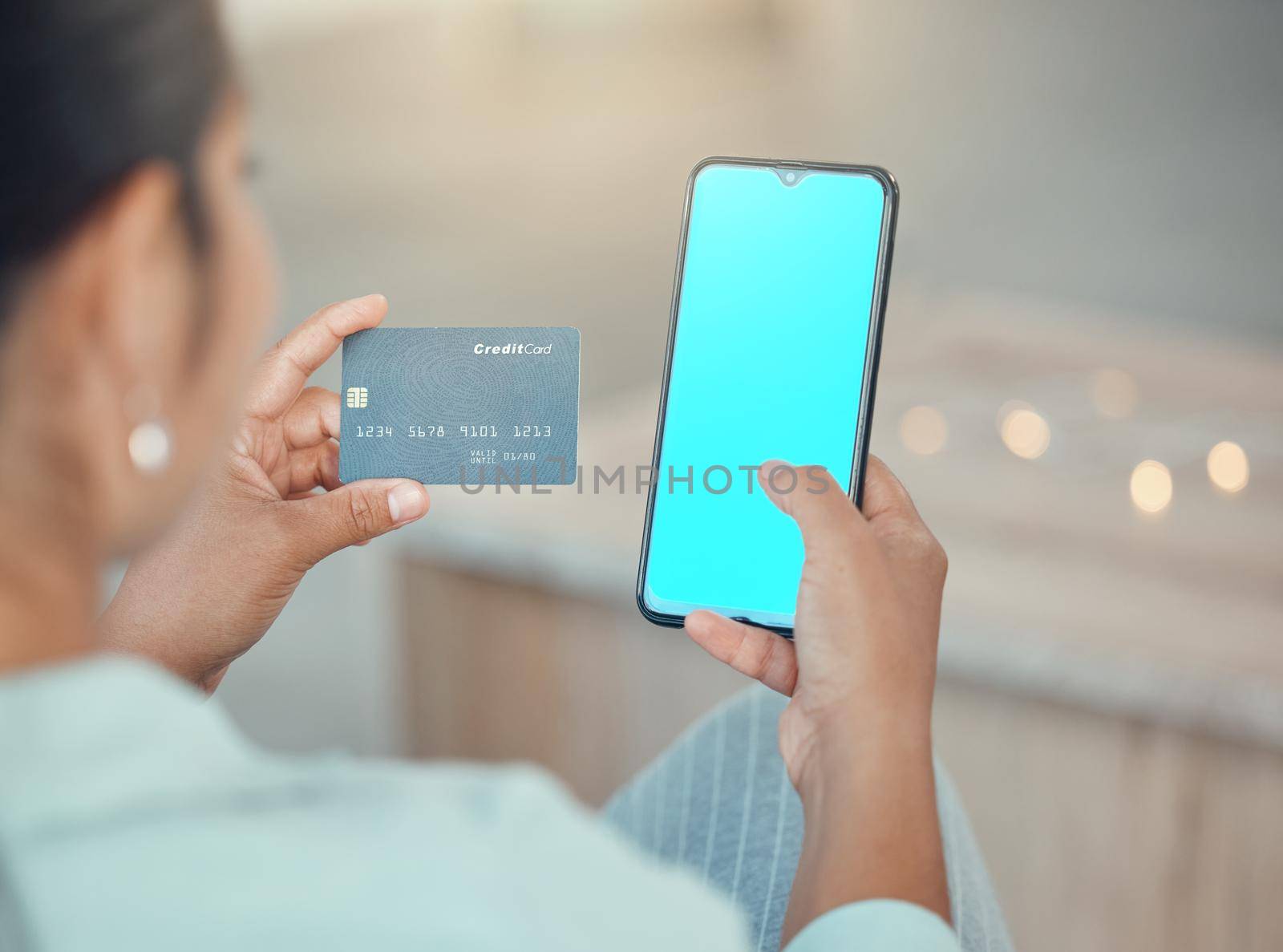 Online shopping, credit card and green screen phone with woman doing payment, ecommerce and banking. Consumer female using fintech finance and paying with internet and bank website app on smartphone by YuriArcurs