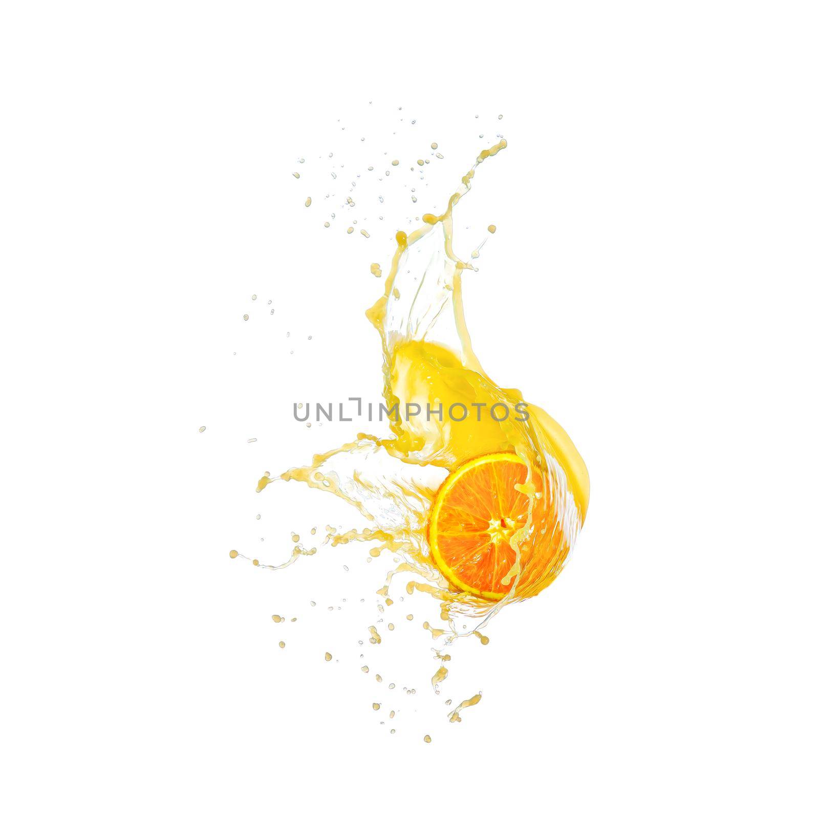 Sliced orange fruit splashing around orange juice white background. by PhotoTime