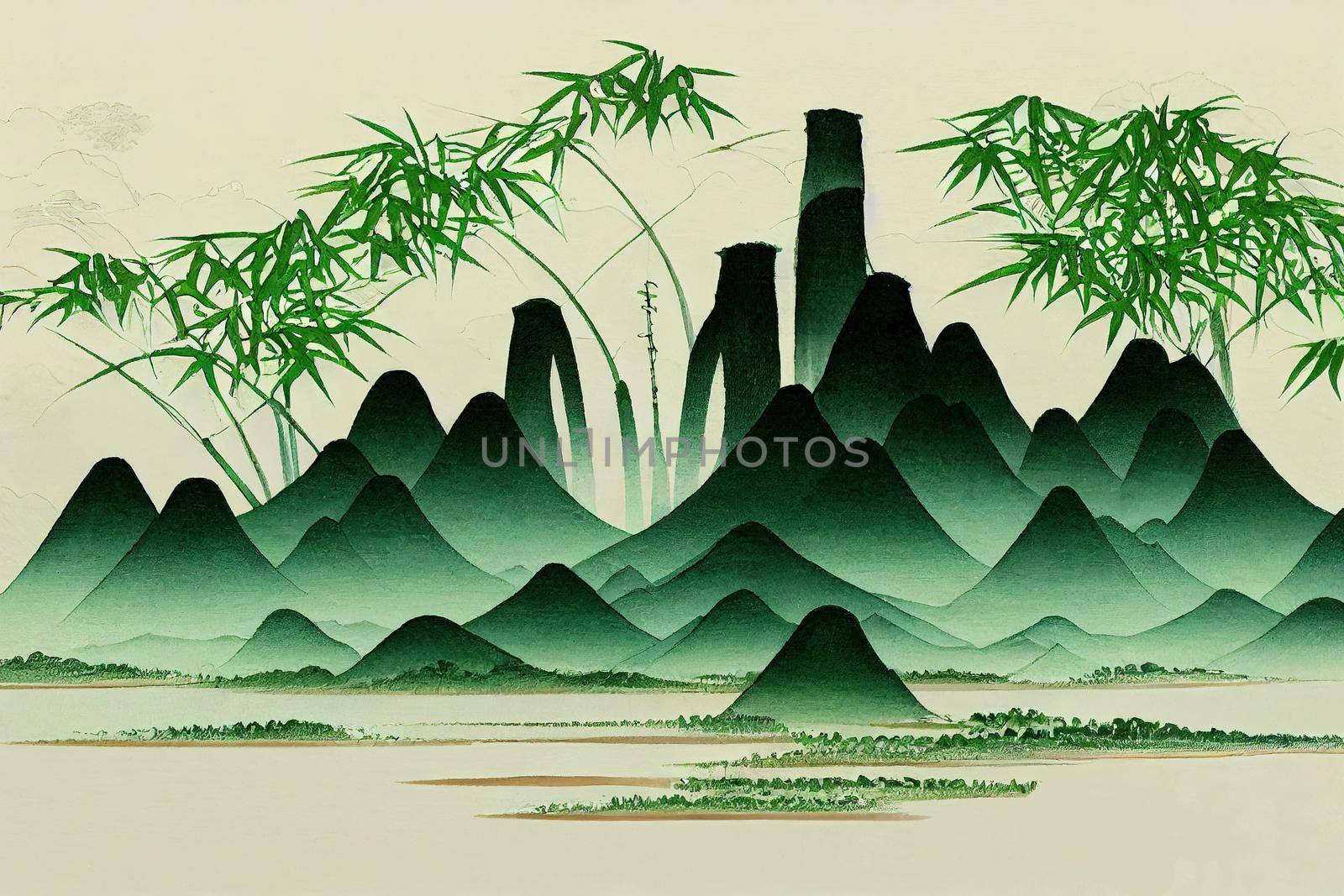 Green bamboo and far blue mountains on white background,Traditional Japanese ink wash painting sumi-e, Hieroglyph - eternity v1