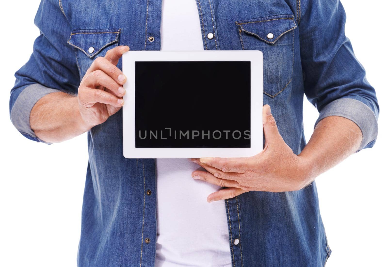Check out my new website. Studio shot of a man holding up a digital tablet isolated on white