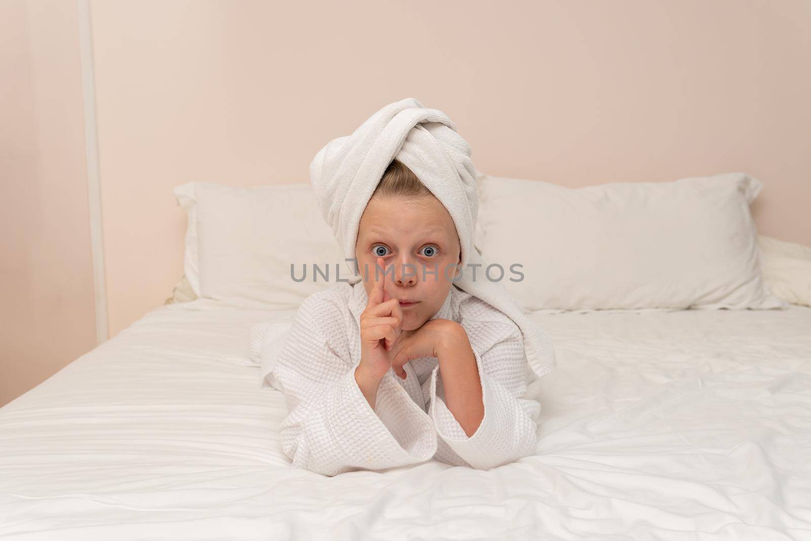 Elbows Creek coffee bathrobe copyspace smile bed girl white morning, concept woman pretty from shower from caucasian style, towel baby. Hair funny female, comfort