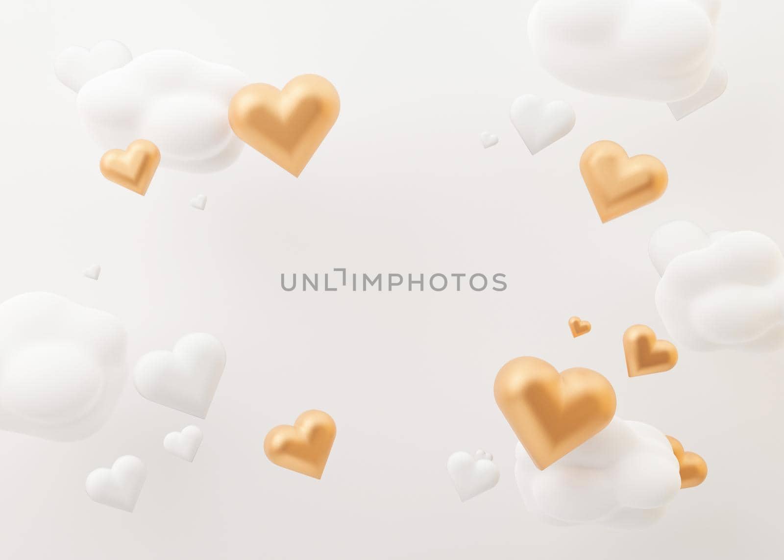 White and golden hearts and clouds. Valentine's Day background with free space for text, copy space. Postcard, greeting card design with hearts. 3D illustration. Love. by creativebird