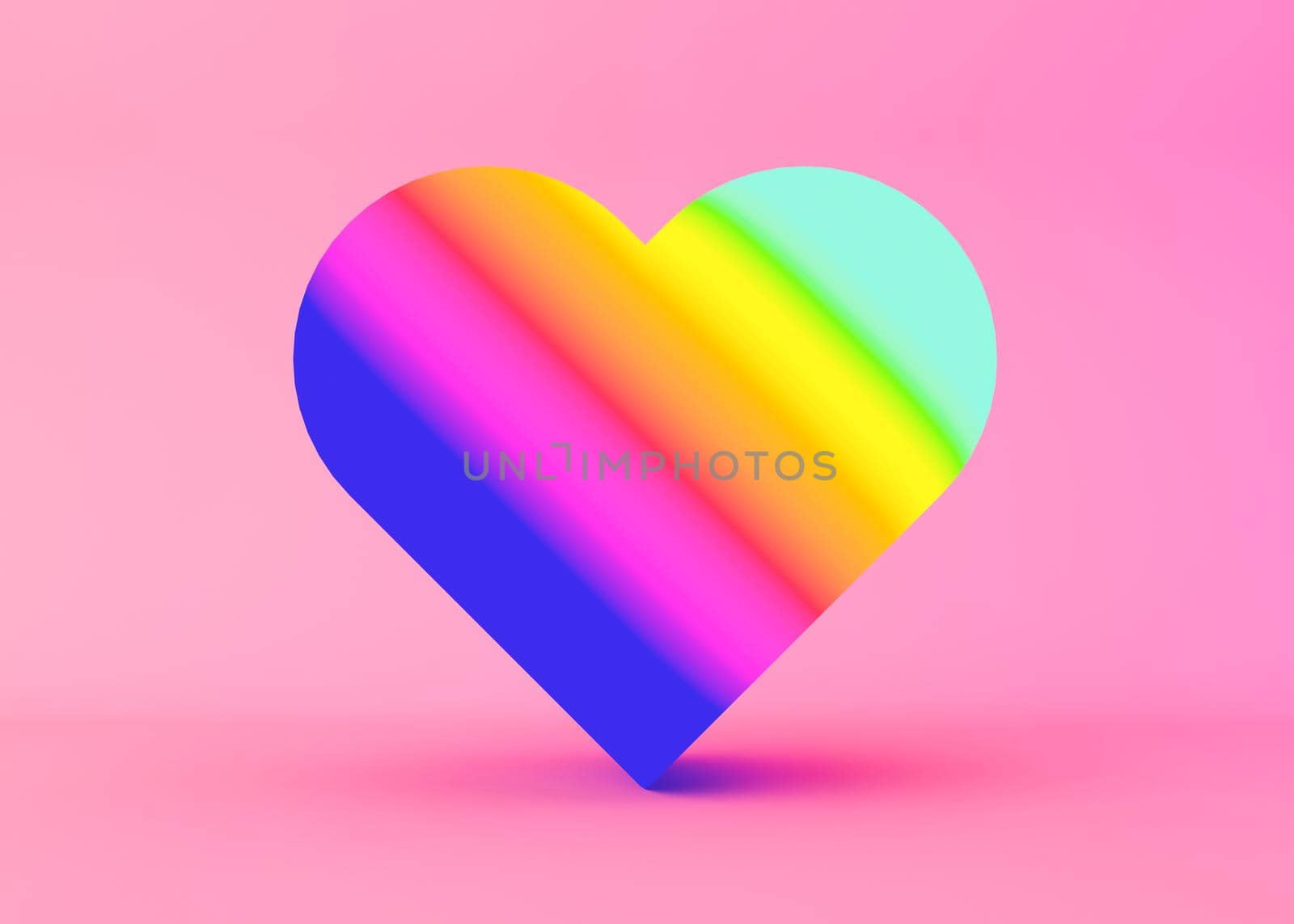 Colorful rainbow heart on pink background. Valentine's Day, love. Postcard, greeting card design. 3D illustration. Lgbt community sign