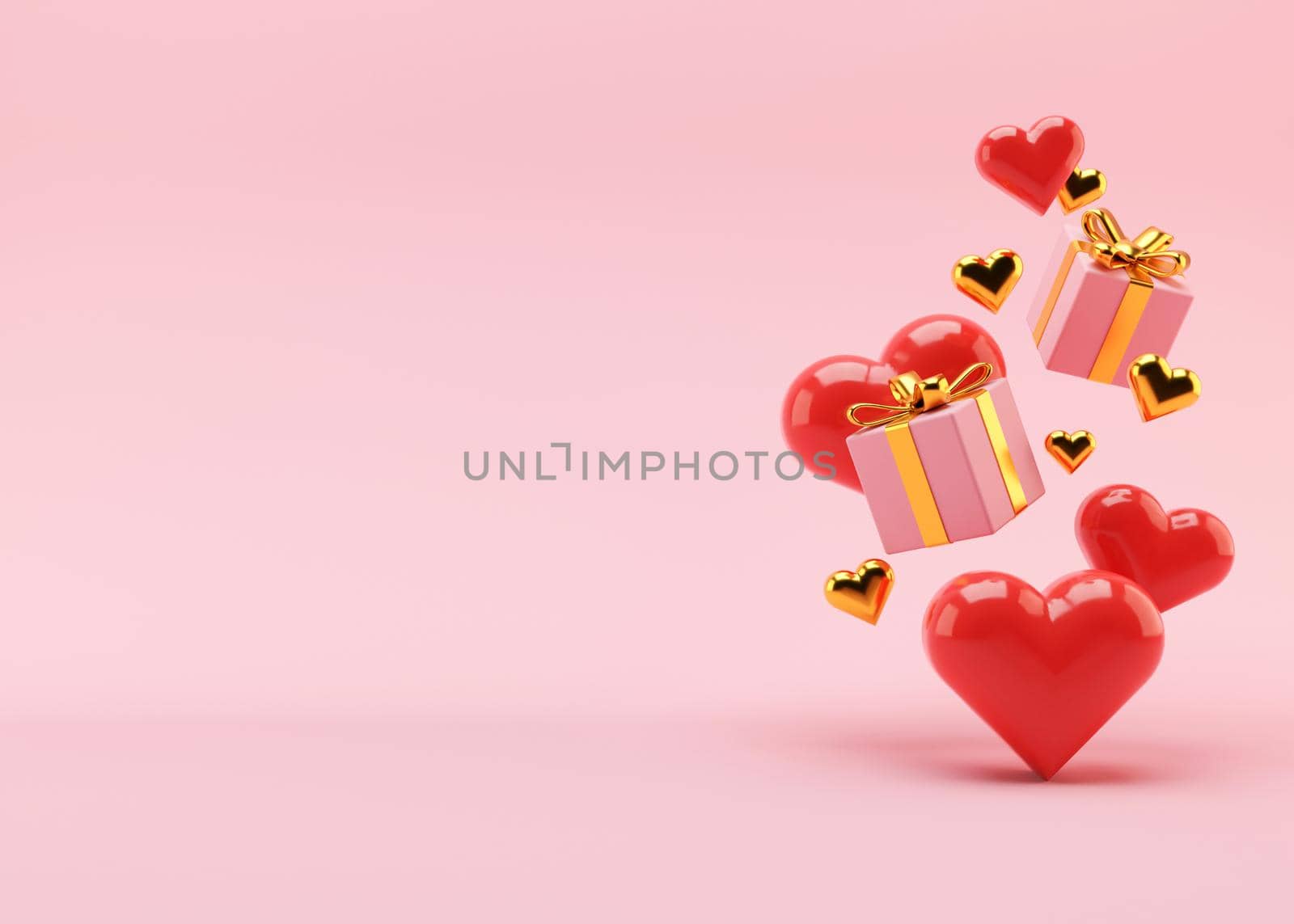 Red hearts and presents flying on pink background. Valentine's Day backdrop with free space for text, copy space. Postcard, greeting card design. 3D illustration. Love