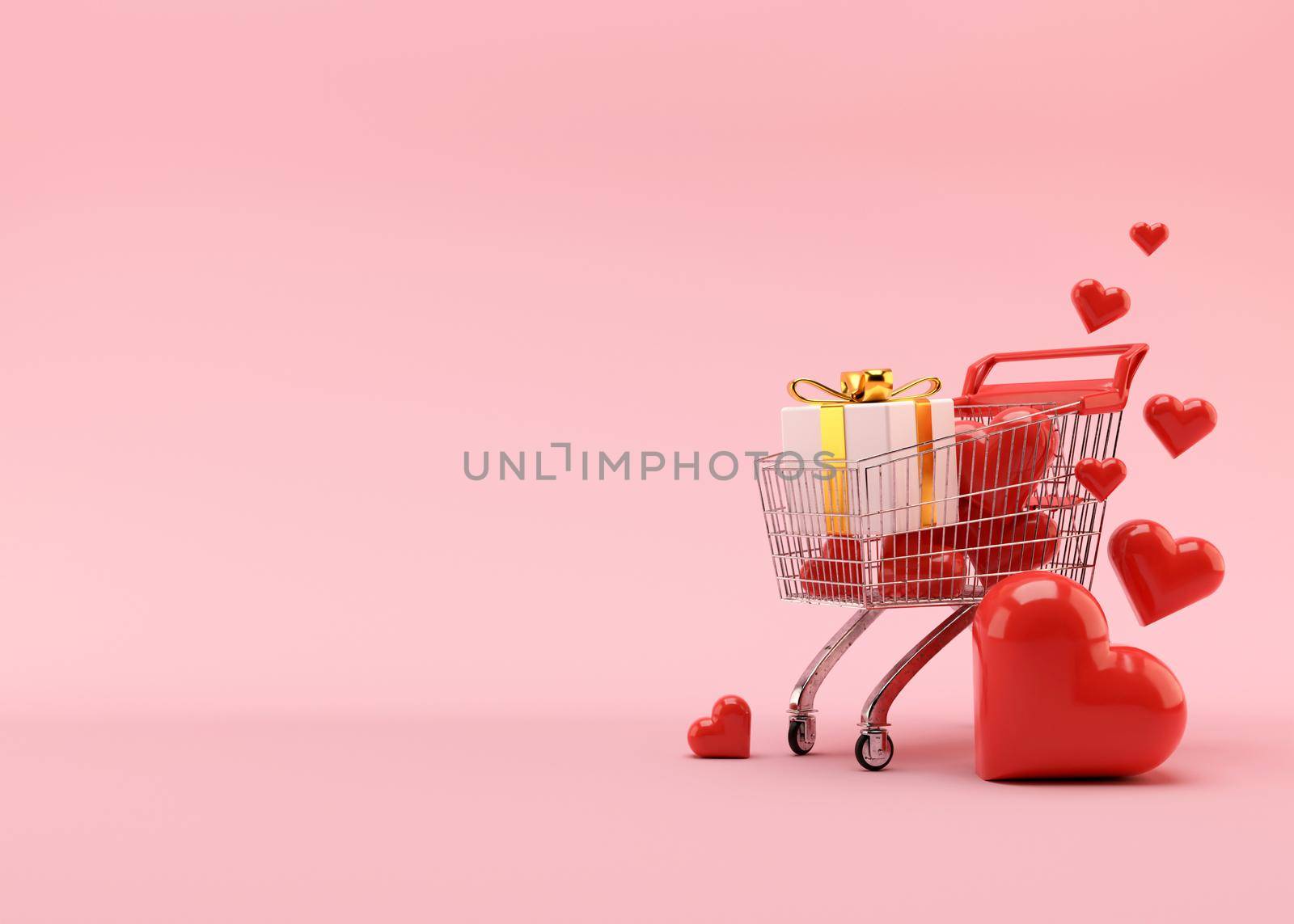 Shopping cart, trolley with gift boxes and hearts on pink background with free space for text, copy space. Valentine's Day, sale. 3D illustration. by creativebird