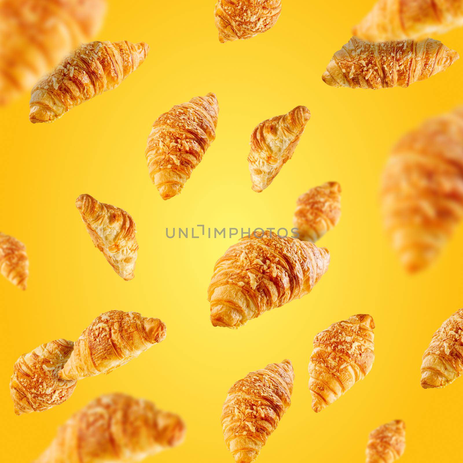 Falling fresh baked croissants with cheese. French pastry concept. Bakery pattern with baked croissant. Bakery breakfast concept
