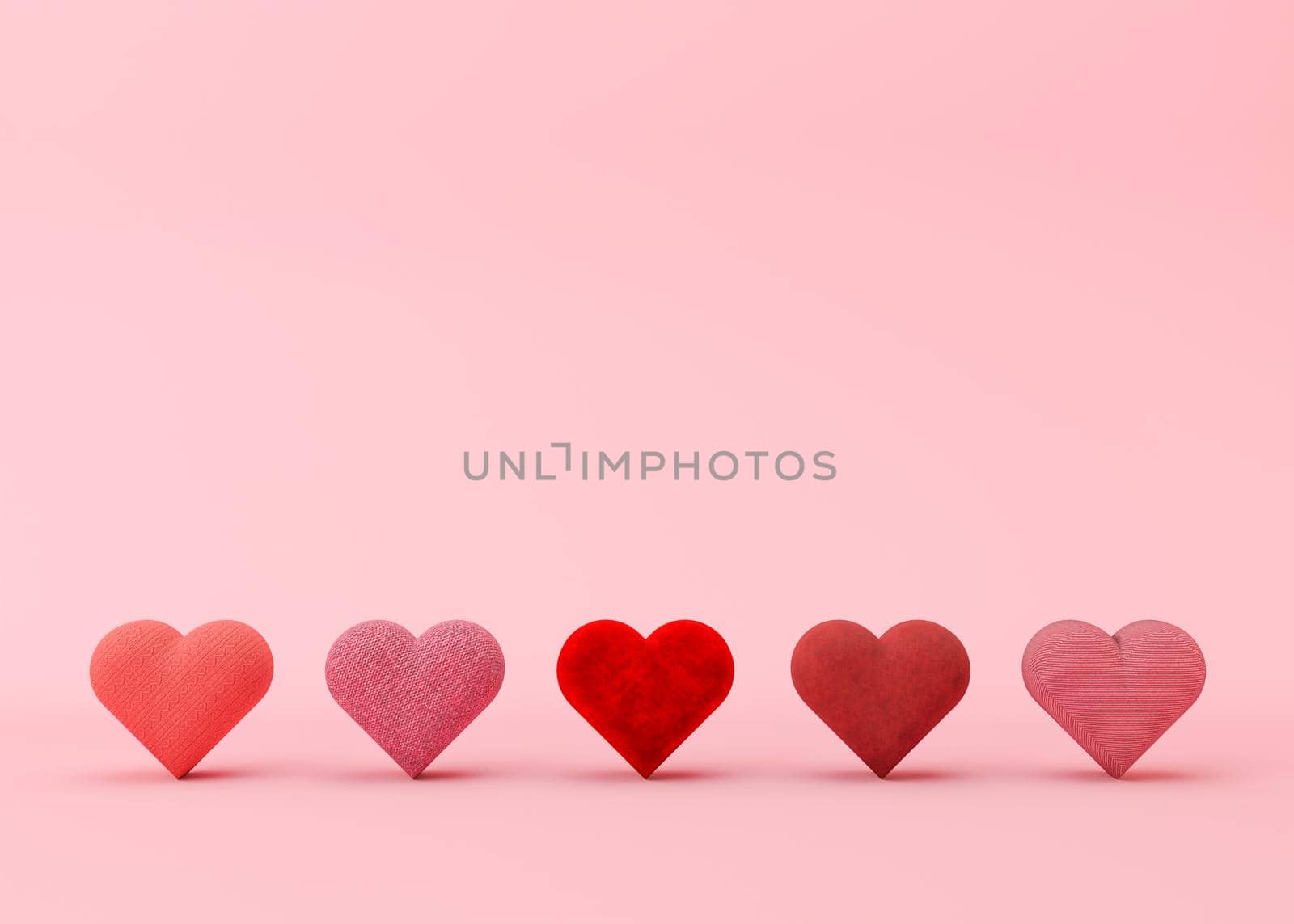 Hearts on pink background. Valentine's Day backdrop with free space for text, copy space. Postcard, greeting card design. 3D illustration. Love