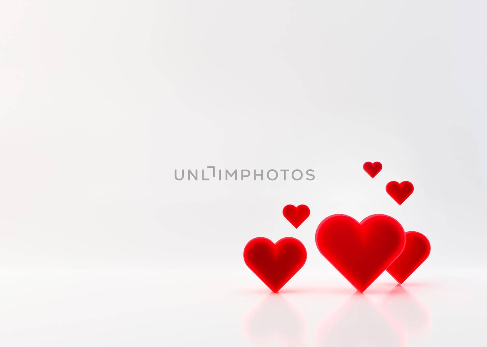 Red hearts on white background. Valentine's Day backdrop with free space for text, copy space. Postcard, greeting card design. 3D illustration. Love. by creativebird