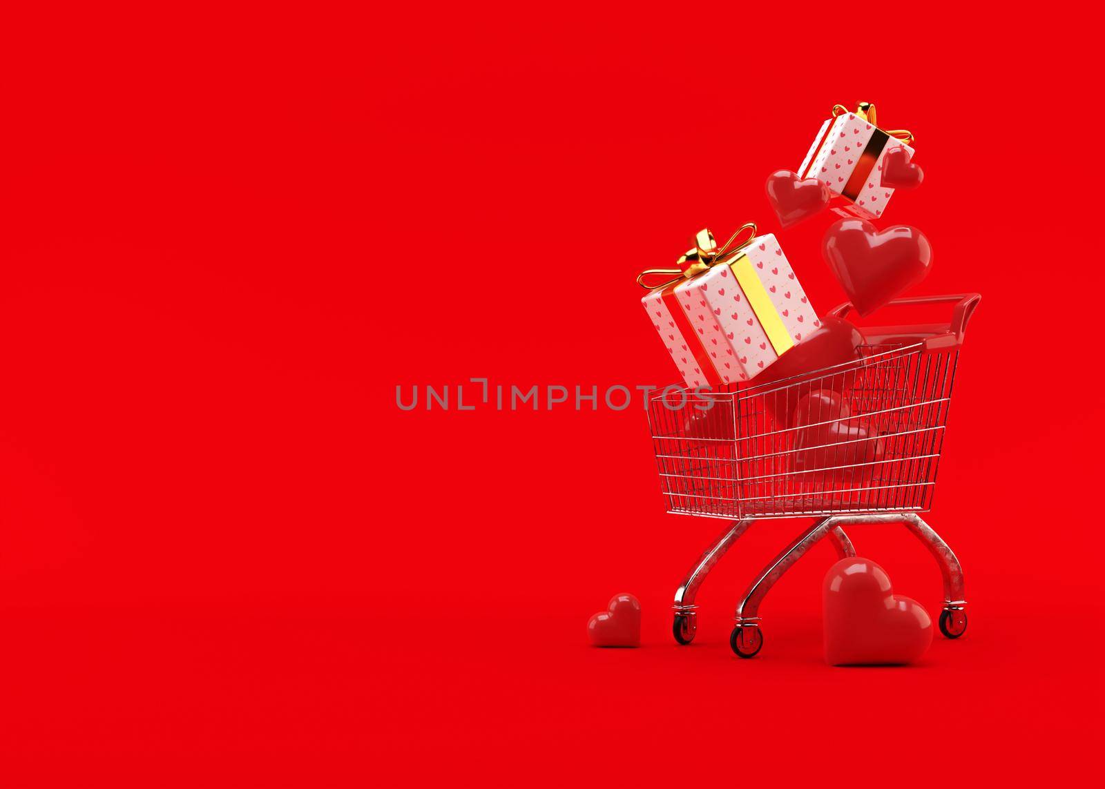 Shopping cart, trolley with gift boxes and hearts on red background with free space for text, copy space. Valentine's Day, sale. 3D illustration. by creativebird