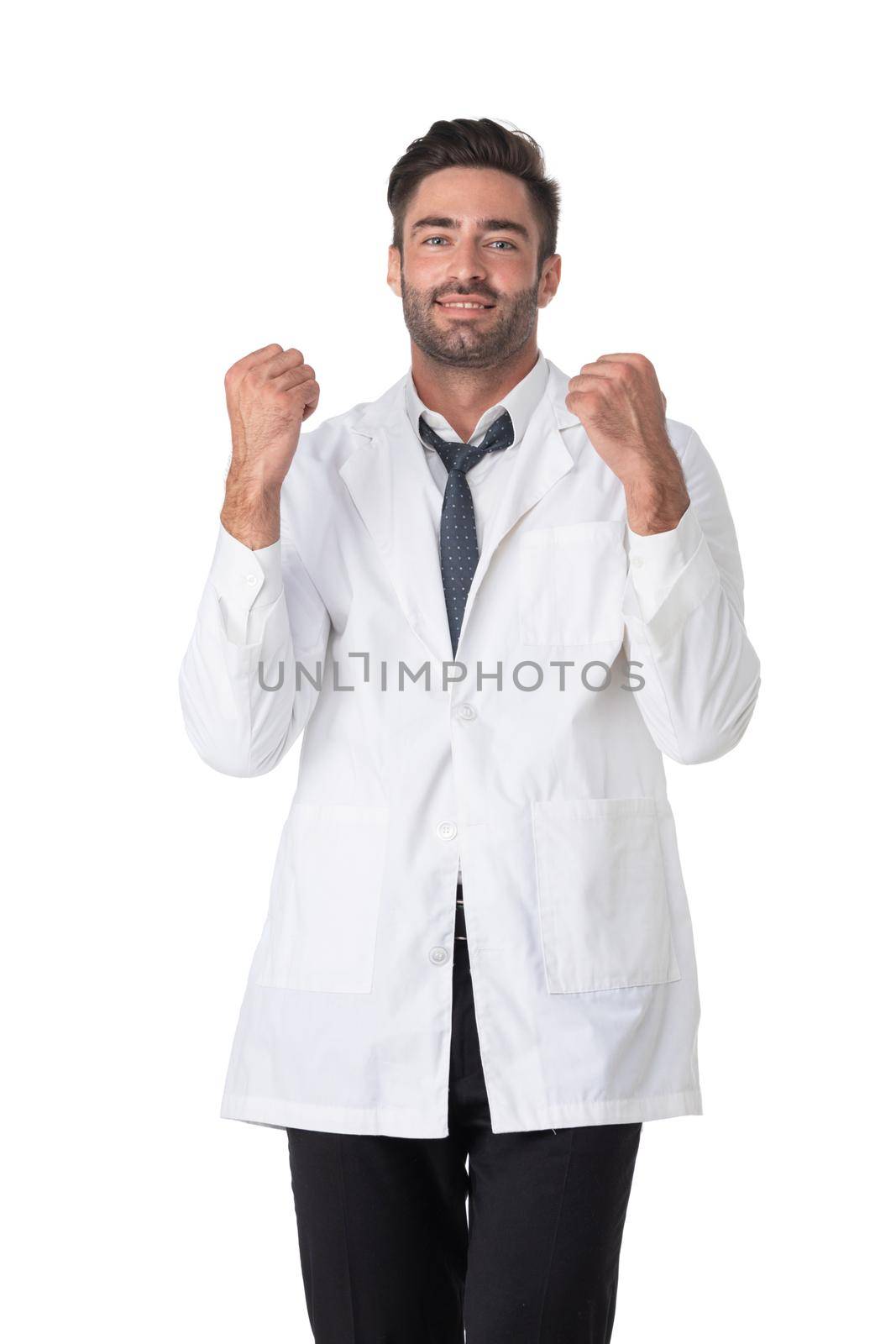 Portrait of doctor man holding fist success sign isolated on white background