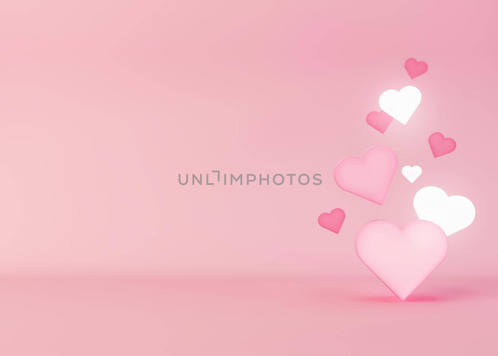 Hearts flying on pink background. Valentine's Day backdrop with free space for text, copy space. Postcard, greeting card design. 3D illustration. Love