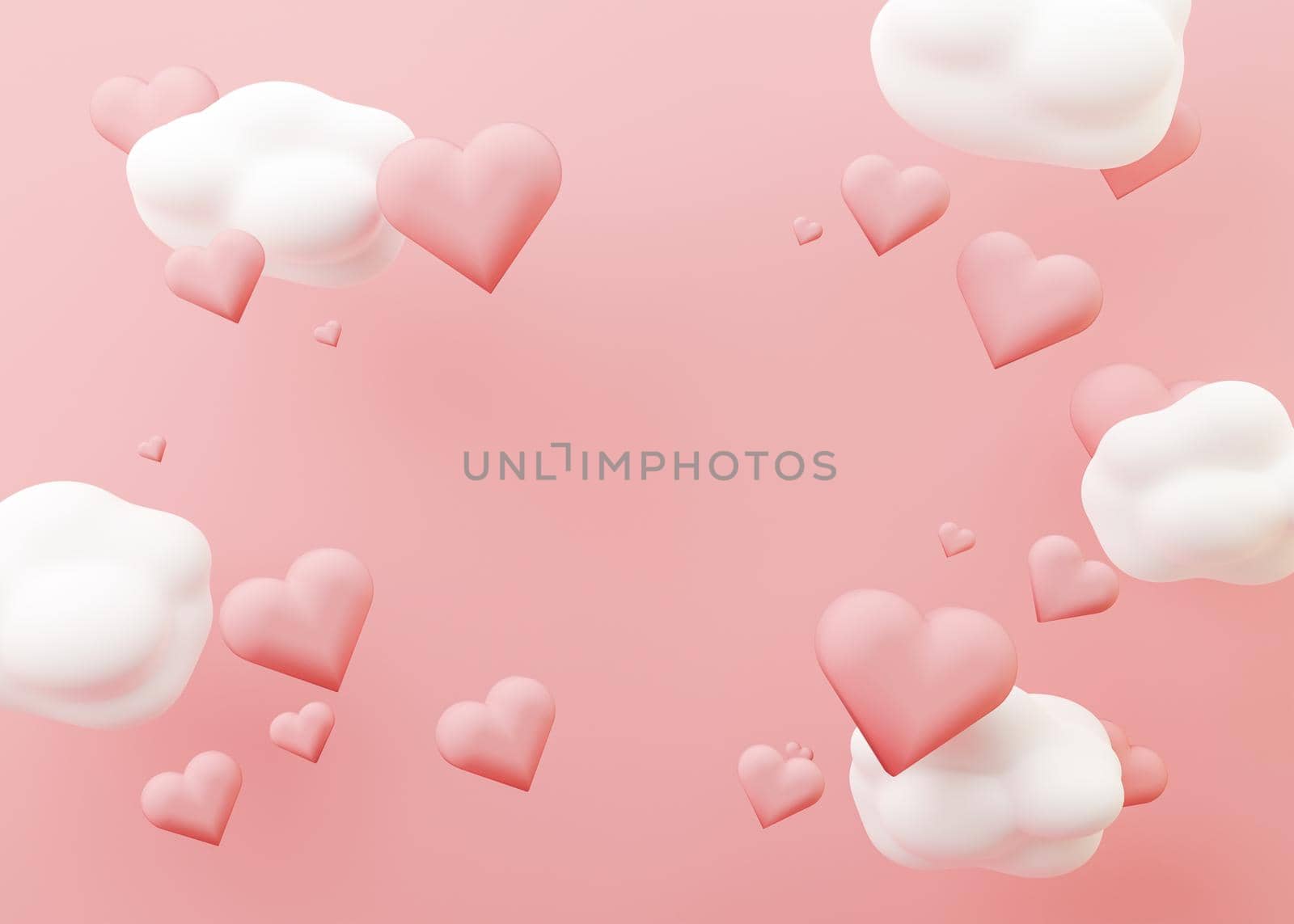 Pink hearts and white clouds. Valentine's Day background with free space for text, copy space. Postcard, greeting card design with hearts. 3D illustration. Love