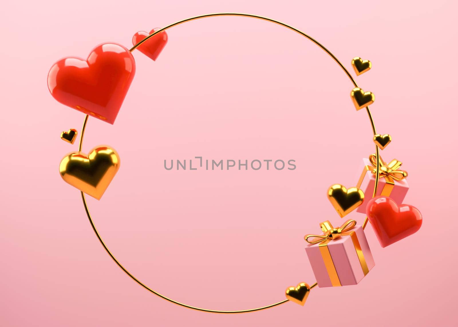 Pink Valentine's Day background with free space for text, copy space. Postcard, greeting card design with red and golden hearts and gifts. 3D illustration. Love. by creativebird