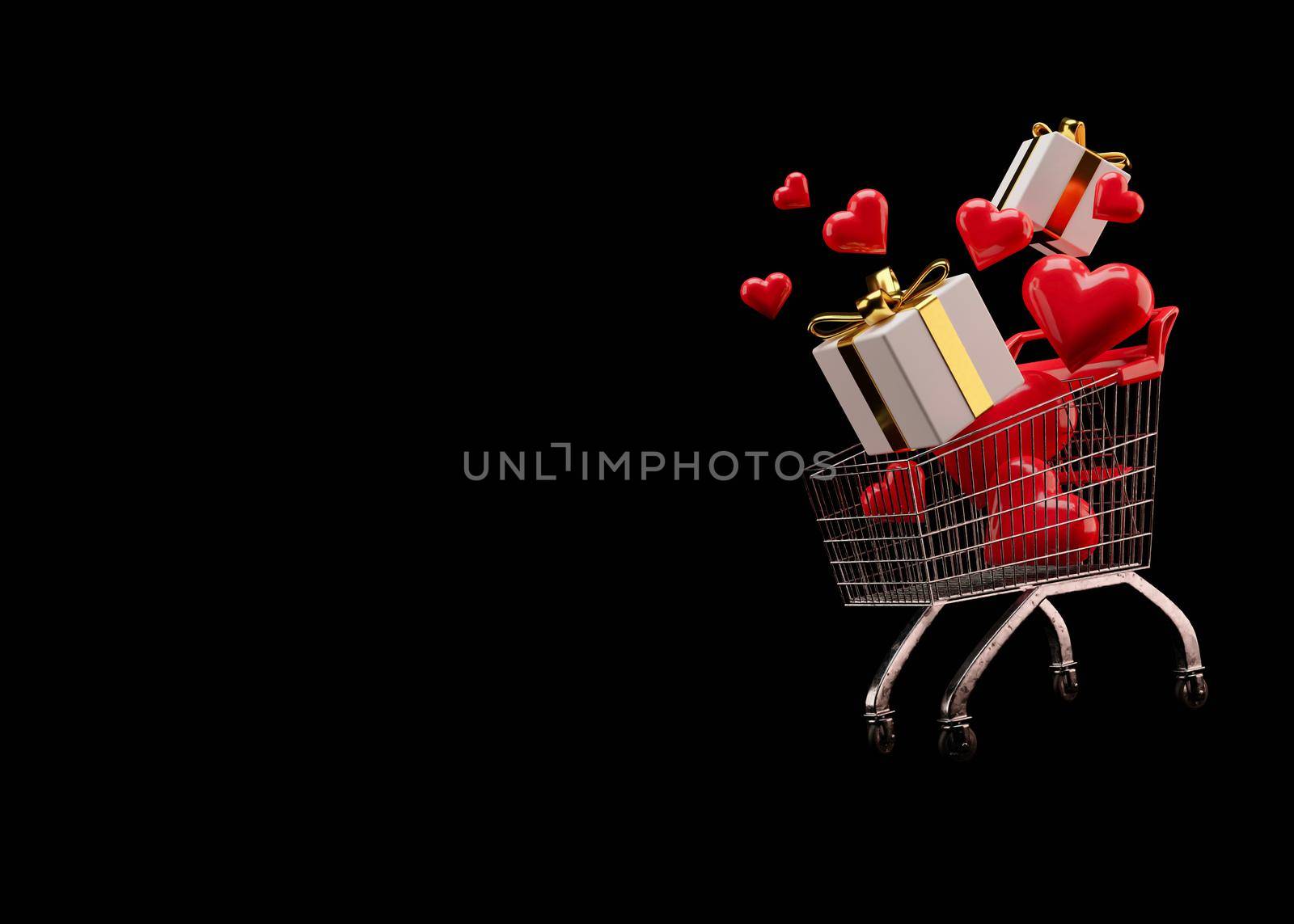 Shopping cart, trolley with gift boxes and red hearts on black background with free space for text, copy space. Valentine's Day, sale. 3D illustration. by creativebird