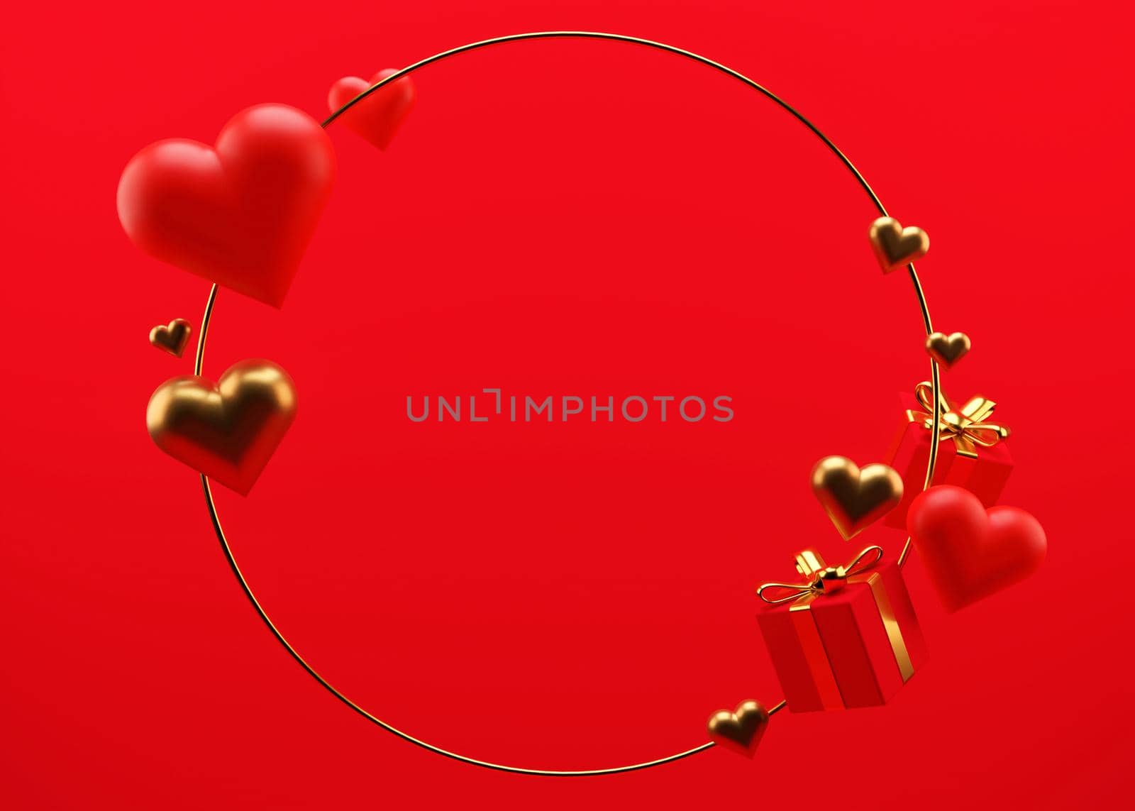 Red Valentine's Day background with free space for text, copy space. Postcard, greeting card design with red and golden hearts and gifts. 3D illustration. Love